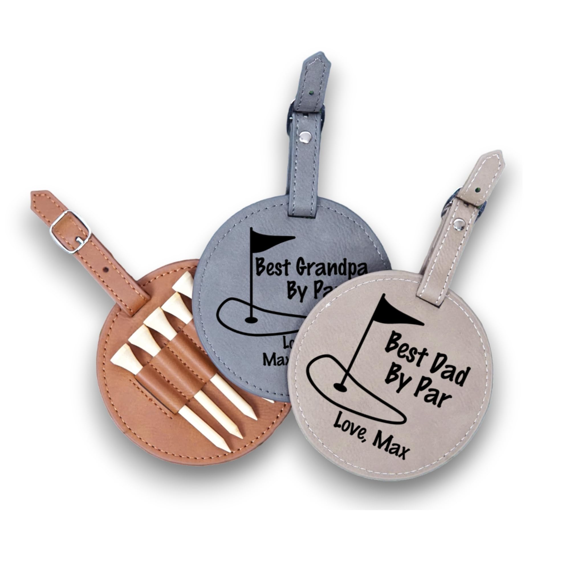 Custom Engraved Golf Bag Tag with Tees - Personalized Leatherette Golf Luggage Accessory - Golf Gift for Men, Dad & Grandpa - Unique Golfer Accessories for Course & Travel (Gray)