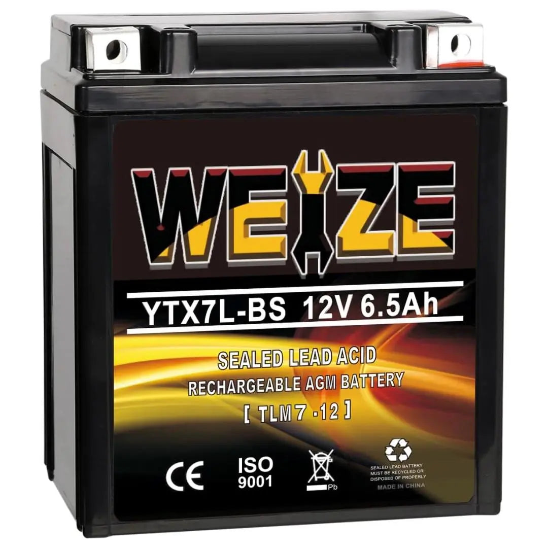 WEIZE YTX7L-BS 12V 6.5Ah High Performance AGM Battery - Maintenance Free, Sealed, 100CCA - Compatible with Honda, Kawasaki, Suzuki ATV & Motorcycles - Perfect for Off-Road, Powersports & Outdoor Adventures