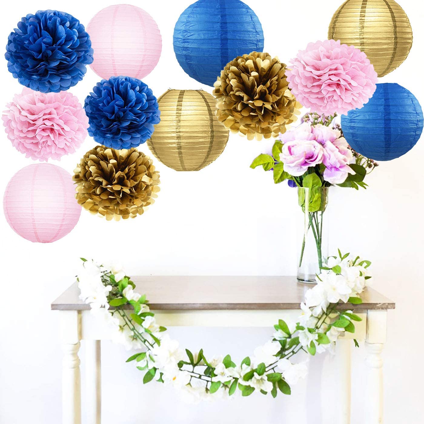 Navy Gold Pink Gender Reveal & Bridal Shower Decorations - Furuix Paper Lanterns for Baby Showers, Birthday Parties, Graduations & Special Events | Perfect for Nursery, Wedding & Celebration Decor