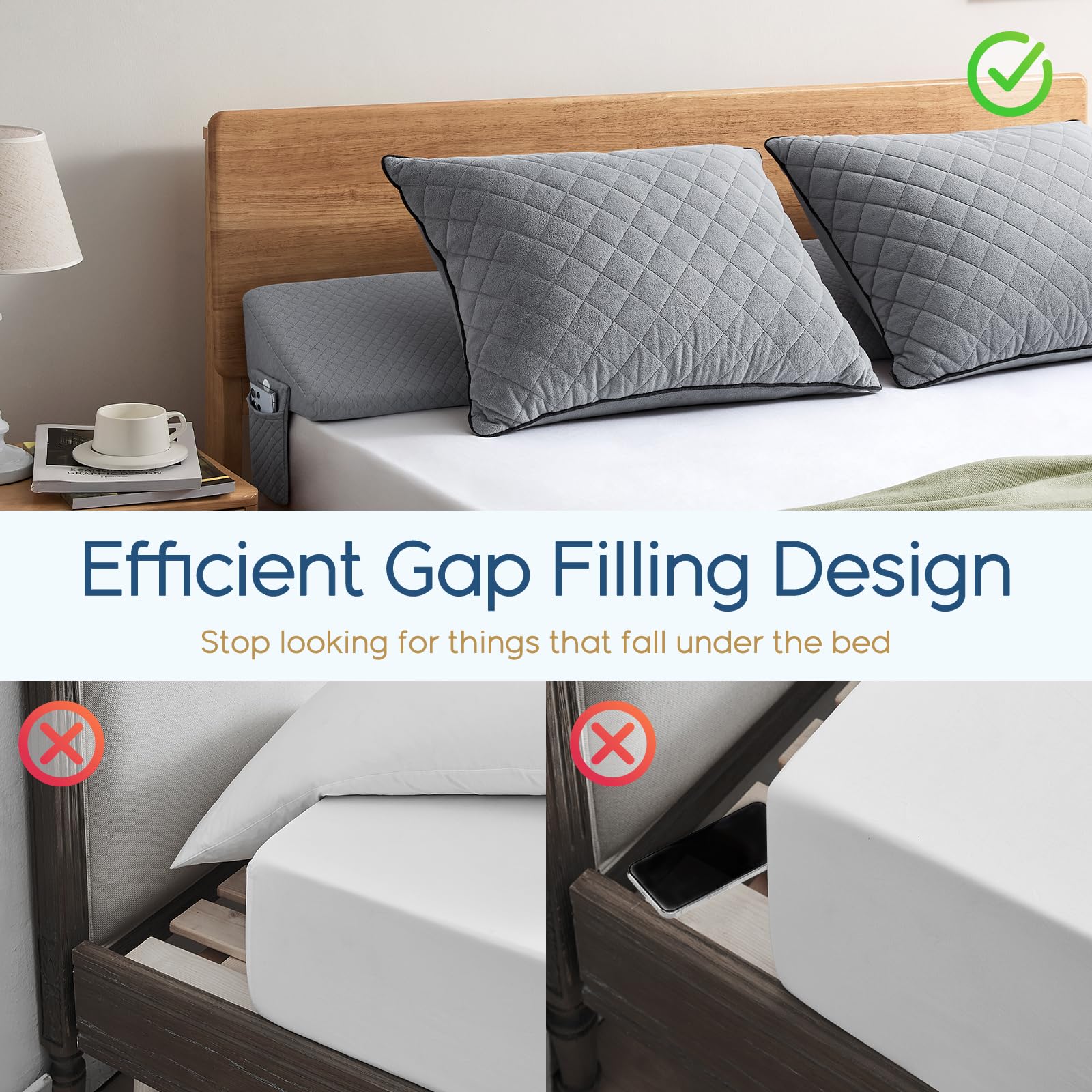 JKMAX Bed Wedge Pillow for Headboard - Upgraded Mattress Gap Filler (76