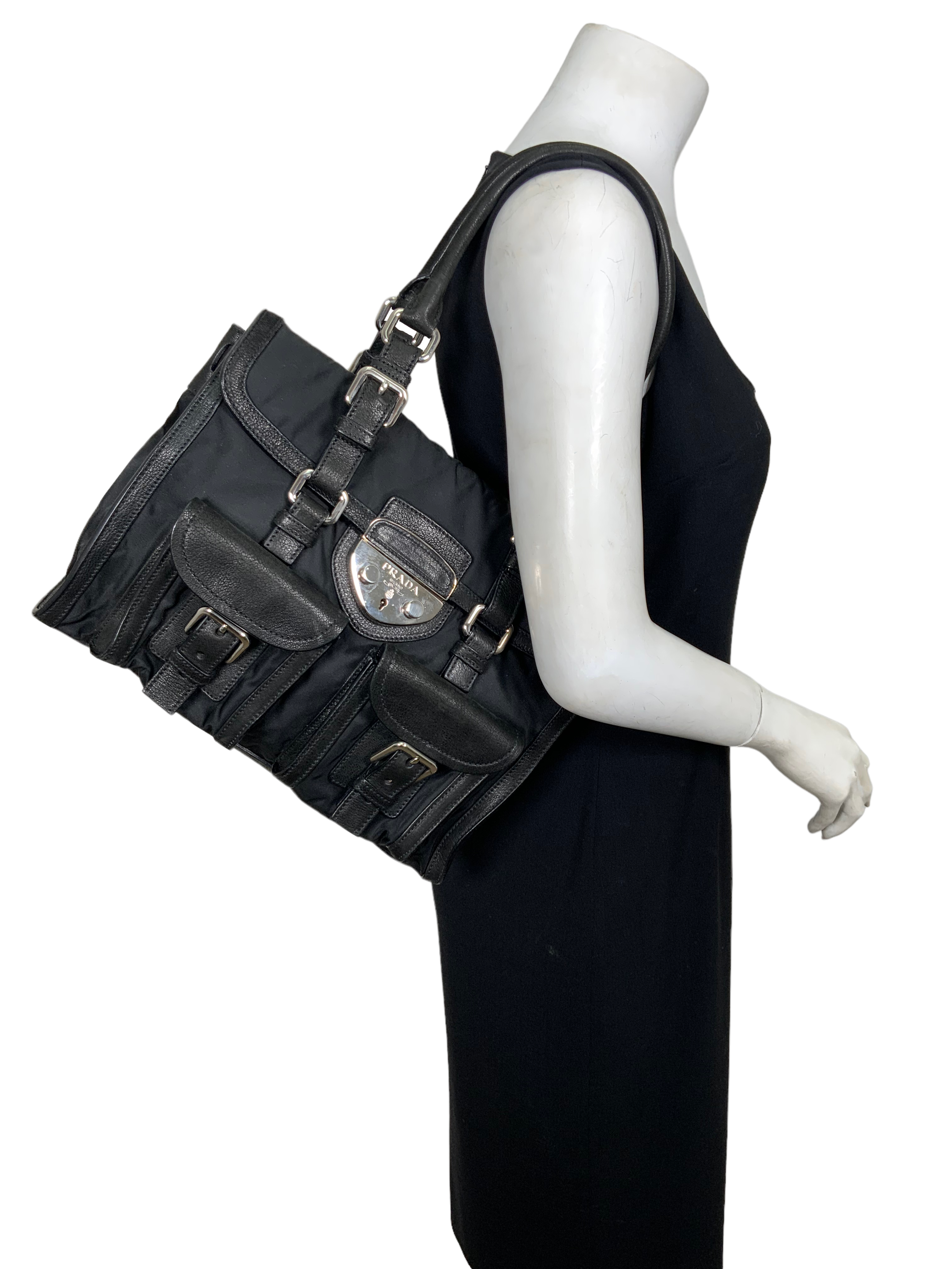 Prada Nylon and Leather Crossbody Bag with Front Pocket - Luxury Designer Handbag for Women | Perfect for Work, Travel & Everyday Use
