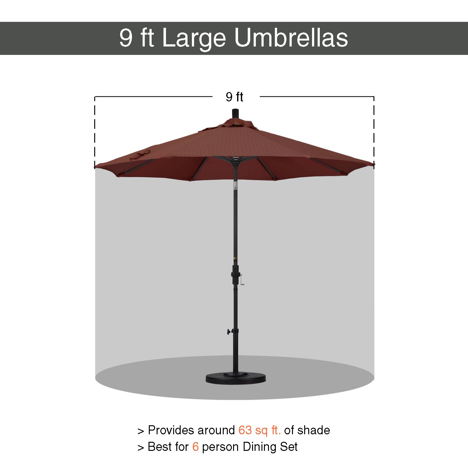 9' Round California Patio Umbrella - Aluminum/Fiberglass Frame with Push Open Mechanism & Silver Pole | Durable Olefin Fabric | Perfect for Poolside, Backyard, Deck, and Outdoor Dining Areas
