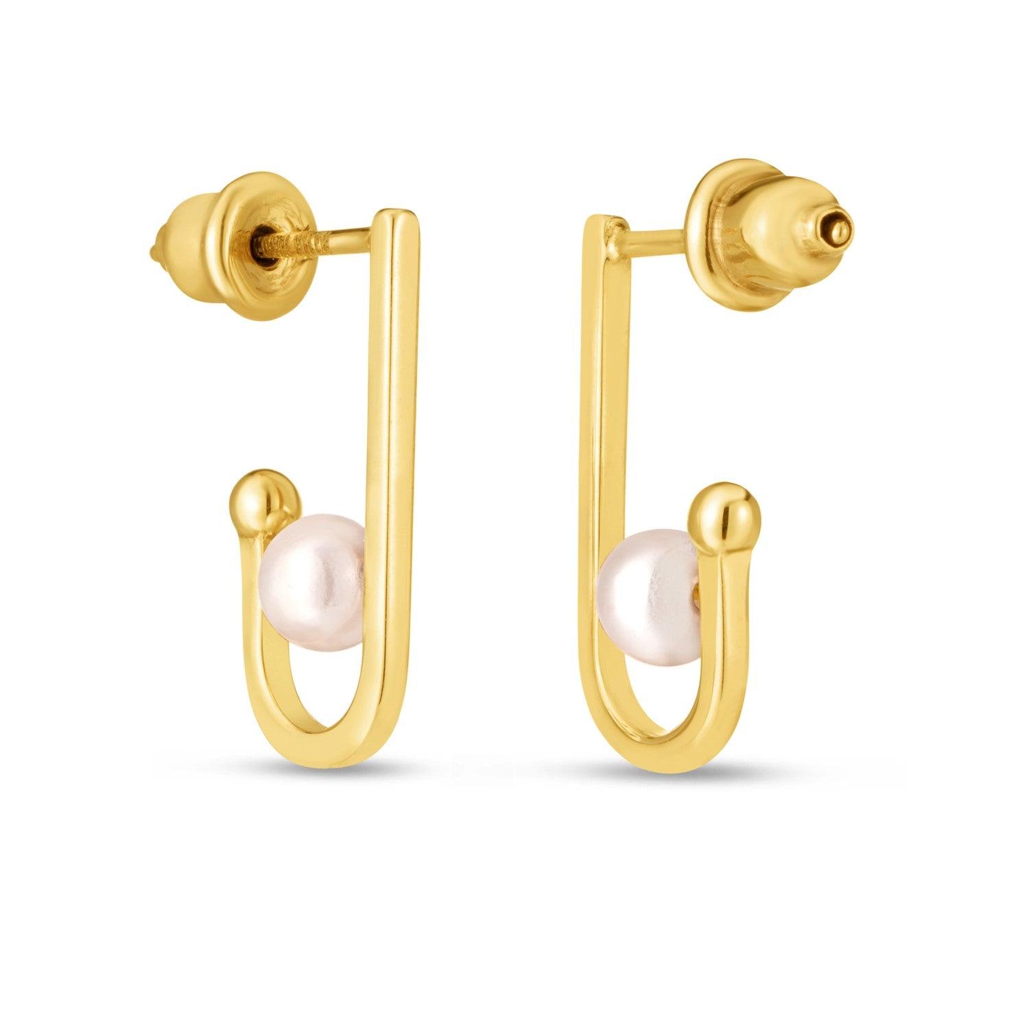14K Yellow Gold J Hoop Pearl Earrings for Women - Elegant Dangle Earrings with Freshwater Pearls - Perfect for Weddings, Parties & Everyday Wear