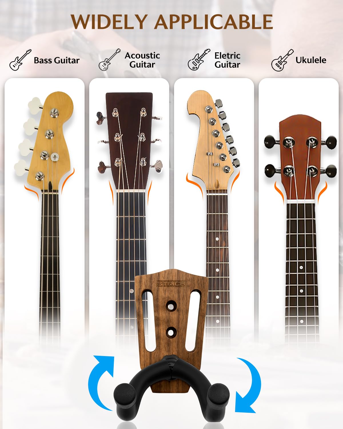 Premium STRICH Guitar Wall Mount Hanger - Walnut Base U-Shaped Hook Stand with Screws (3-Pack) - Secure Holder for Acoustic, Electric, Classical Guitars, Bass & Banjo - Perfect for Home Studios, Music Rooms & Stage Setup