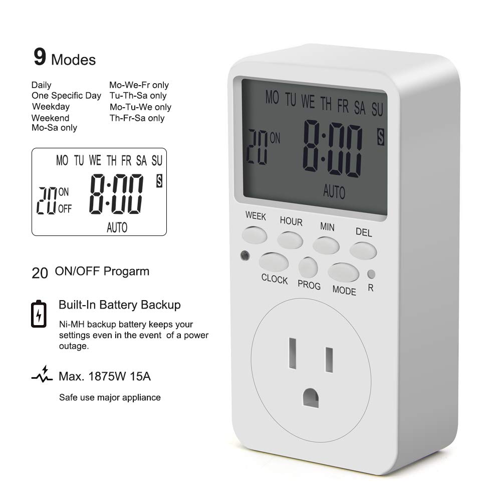 CANAGROW 7-Day Digital Programmable Outlet Timer - Indoor Electrical Timer for Lights & Appliances, 15A/1800W Heavy Duty, 3-Prong Wall Plug - Perfect for Grow Lights, Holiday Decorations & Home Automation