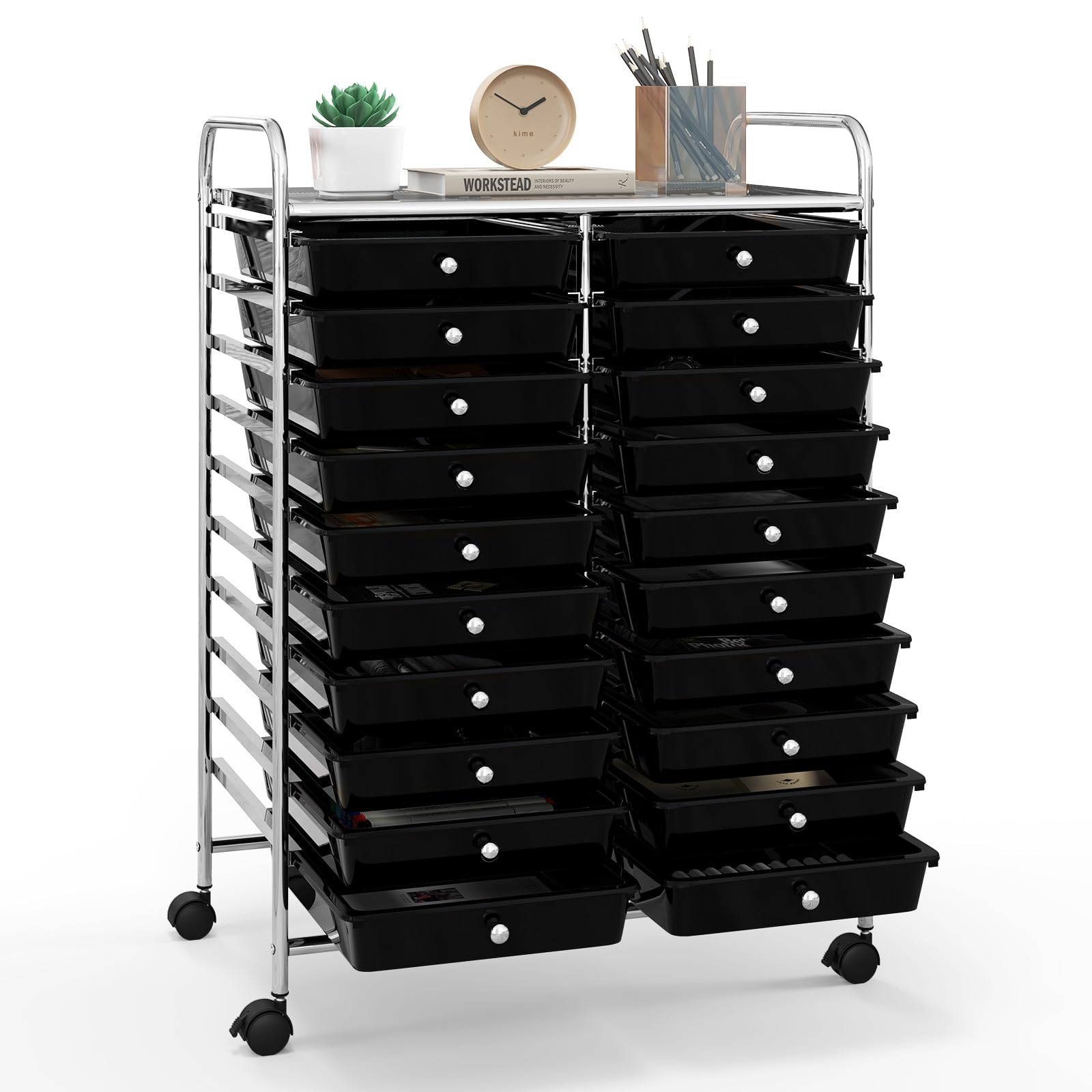 20-Drawer Rolling Storage Cart with Lockable Wheels - Adjustable Multicolor Trolley Organizer for Files, Office Supplies & Debris - Perfect for Office, School, Home & Workshop Organization