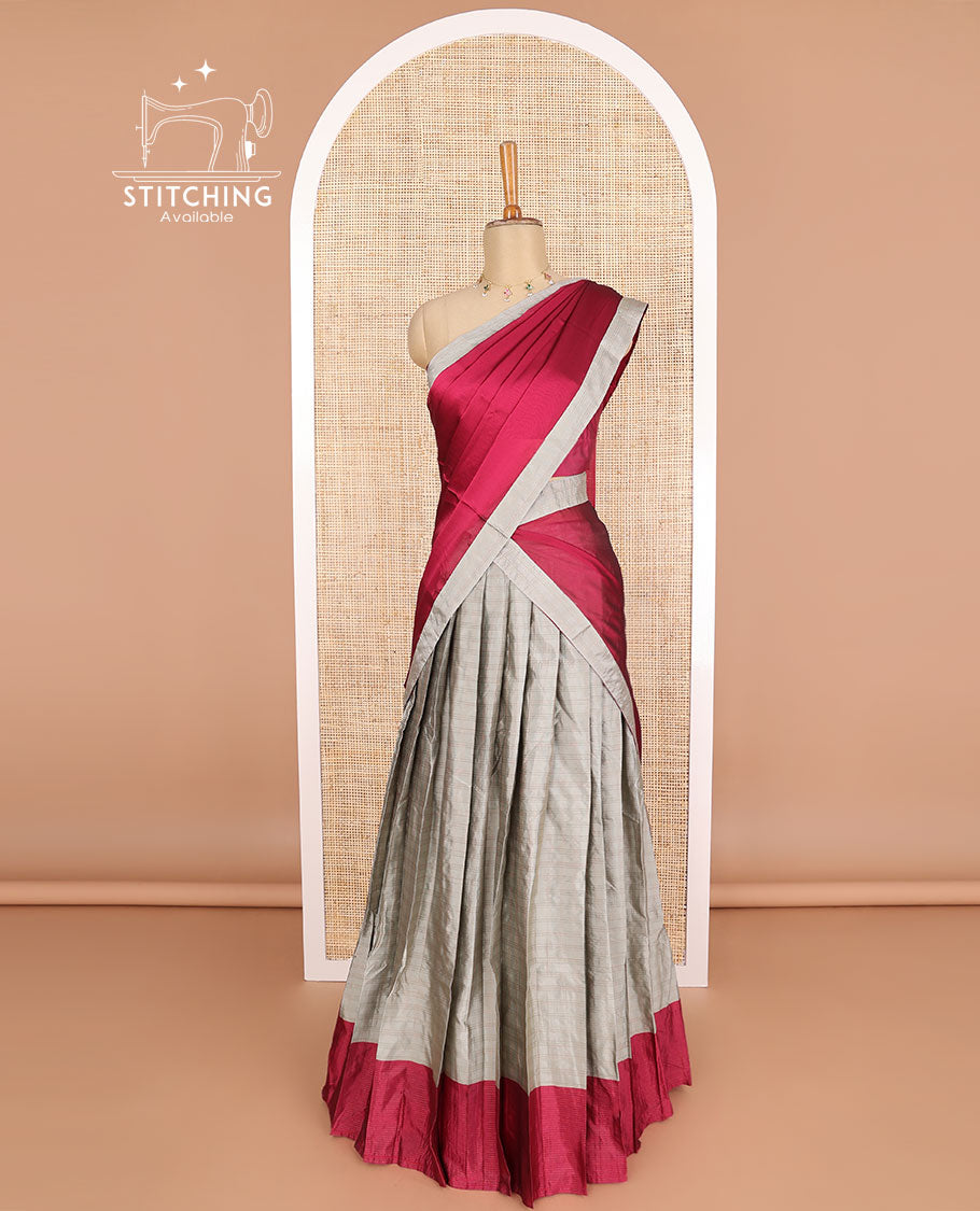 Beige Checked Poly Cotton Half Saree with Contrast Border - Plain Blouse & Checked Dhavani | Indian Traditional Outfit for Festivals, Weddings & Cultural Events