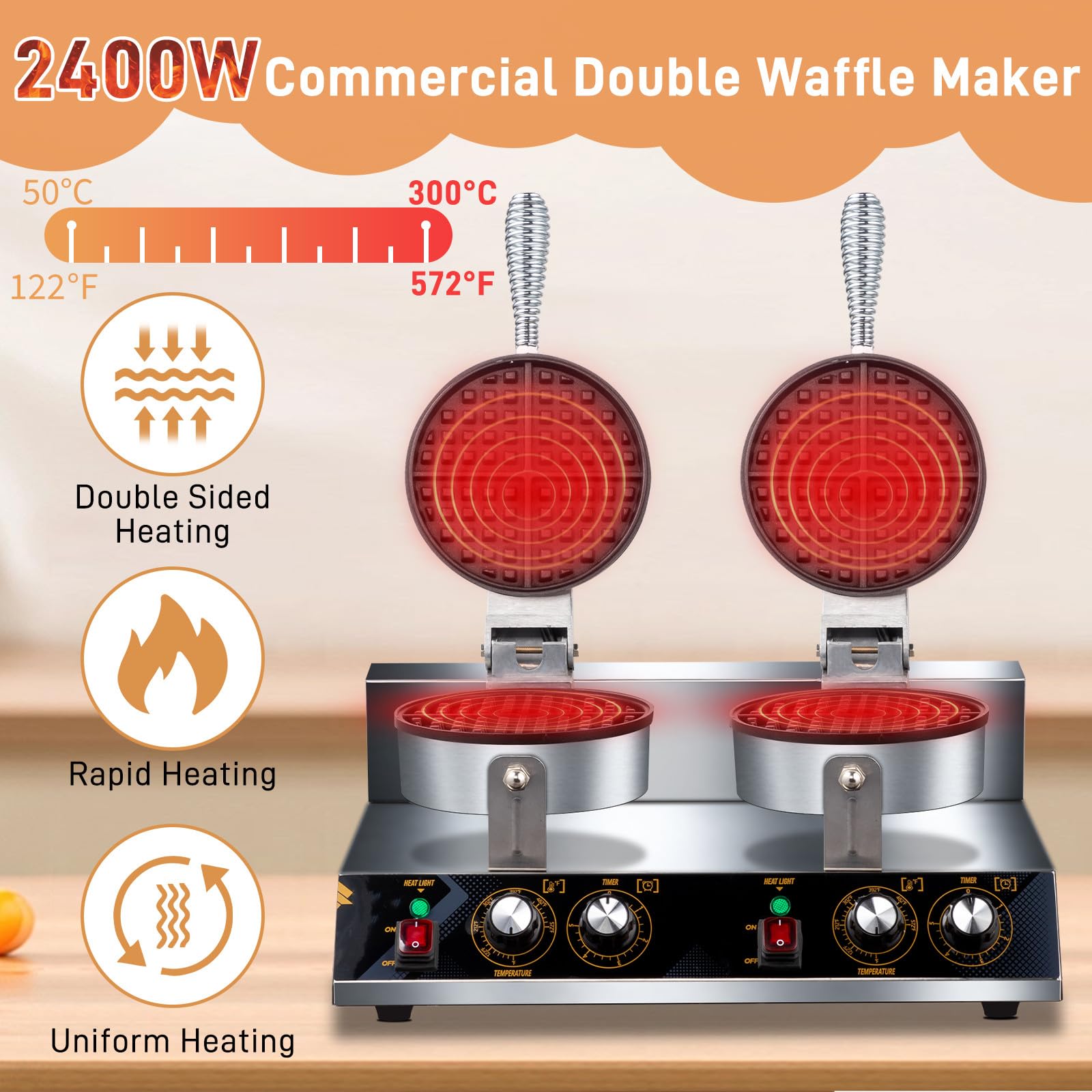 ROVSUN Commercial Double Head Waffle Maker Machine - 2400W Stainless Steel Professional Waffle Iron with Non-Stick Plates (110V/240V) for Bakery, Restaurant, Snack Bar or Home Use - Perfect for Breakfast, Brunch and Dessert Making