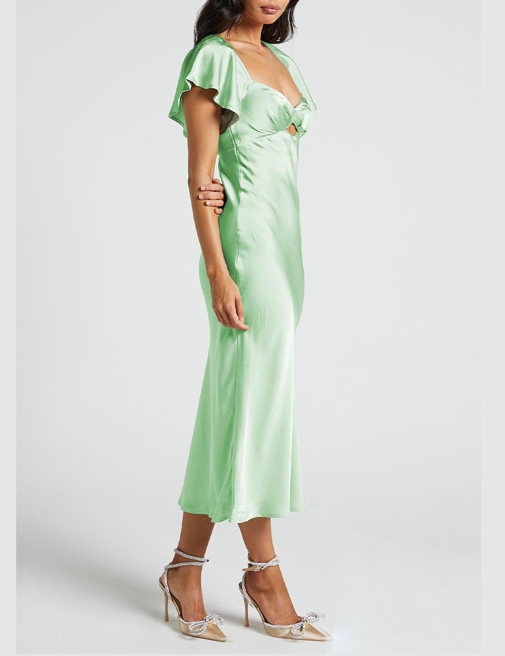 Elegant Summer Satin Flutter Sleeve Wedding Guest Dress for Women - Sweetheart Neckline, Cutout Back with Tie Detail, Midi Cocktail Dress | Perfect for Weddings, Garden Parties & Formal Events