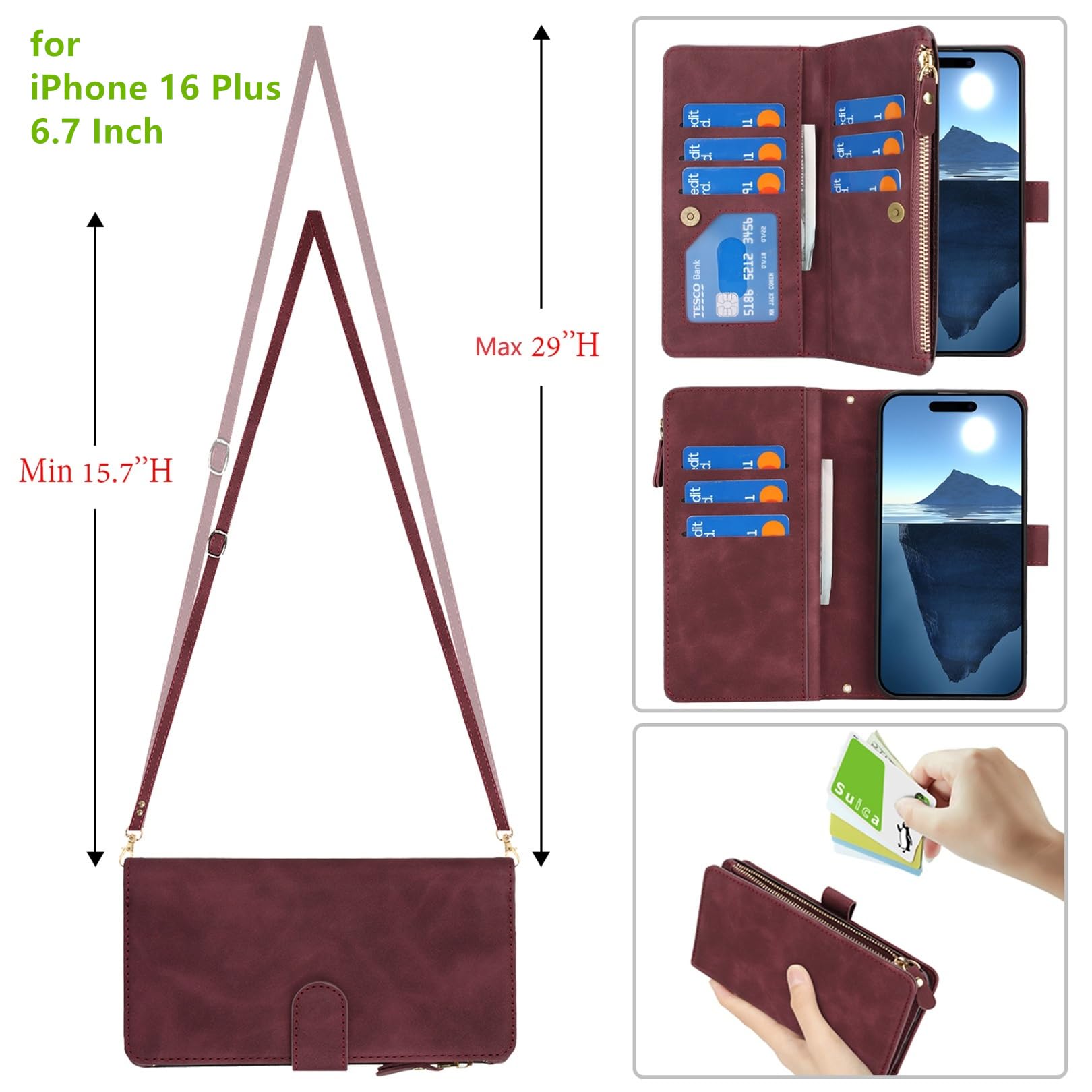 Jaorty iPhone 16 Plus 5G Wallet Phone Case for Women - PU Leather with Card Holder, Zipper Pocket & Adjustable Crossbody Strap (6.7