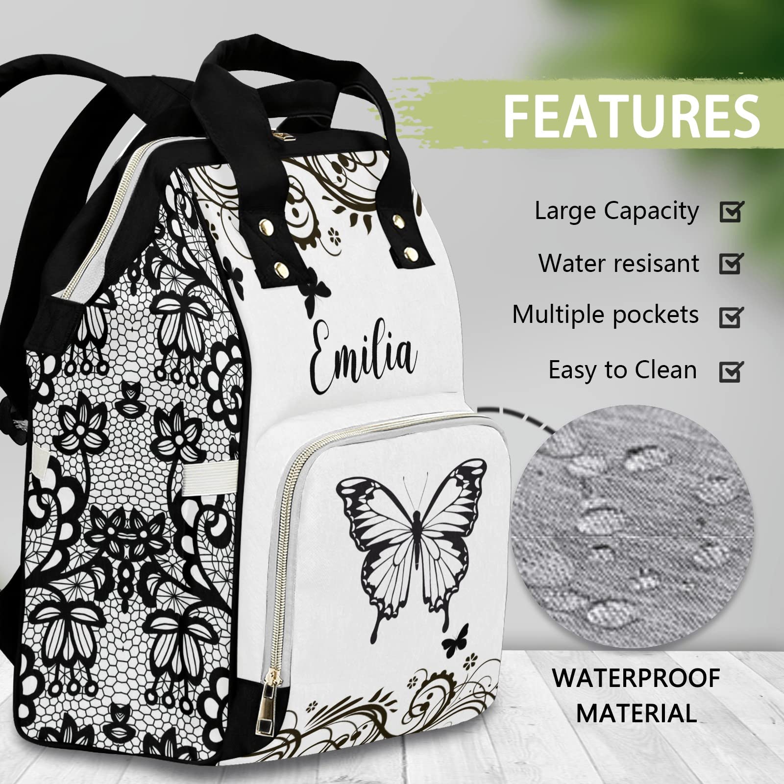 Custom Diaper Bag Backpack Tote for Baby Shower Gift - Personalized Butterfly Black Diaper Bag for Moms, Perfect for Travel, Outings & Daily Use