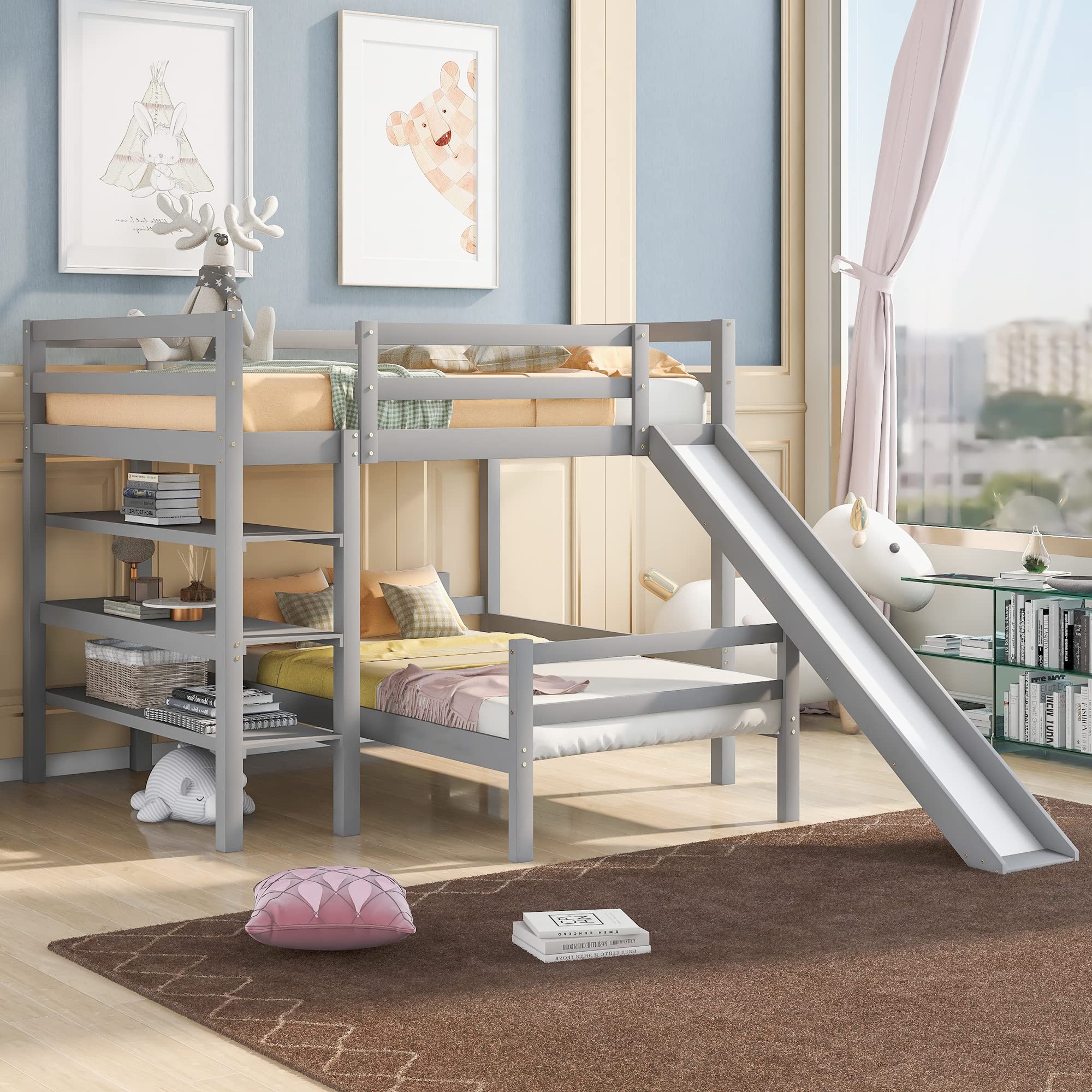 Full Size Wooden Bunk Bed with Slide & Shelves - Twin Loft Bed with Guardrail for Kids & Teens - Space-Saving Bedroom Furniture (Gray) - Perfect for Small Rooms, Dormitories & Shared Kids' Bedrooms
