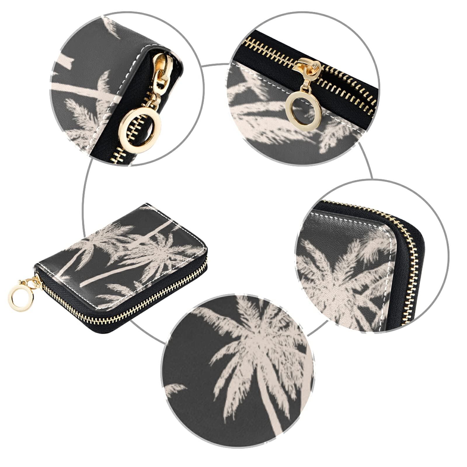 Stylish Black RFID Blocking Credit Card Wallet with Palm Tree Design - Premium Microfiber Leather Zipper Card Holder for Women | Perfect for Travel, Shopping & Everyday Use