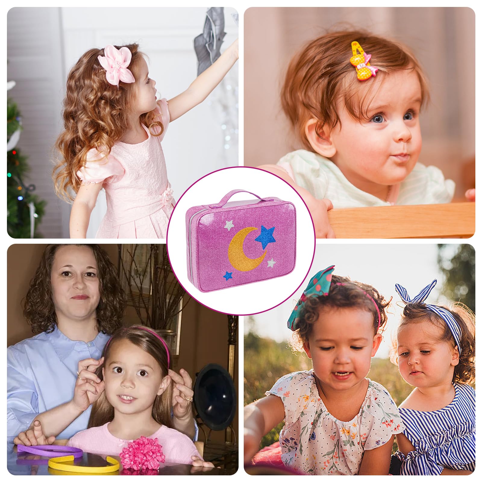 Shiny Bow Holder & Hair Accessories Organizer for Baby Girls - Travel Storage Bag for Hair Clips, Headbands, Scrunchies & Hair Ties (Purple) - Perfect for Home, Travel & School Organization