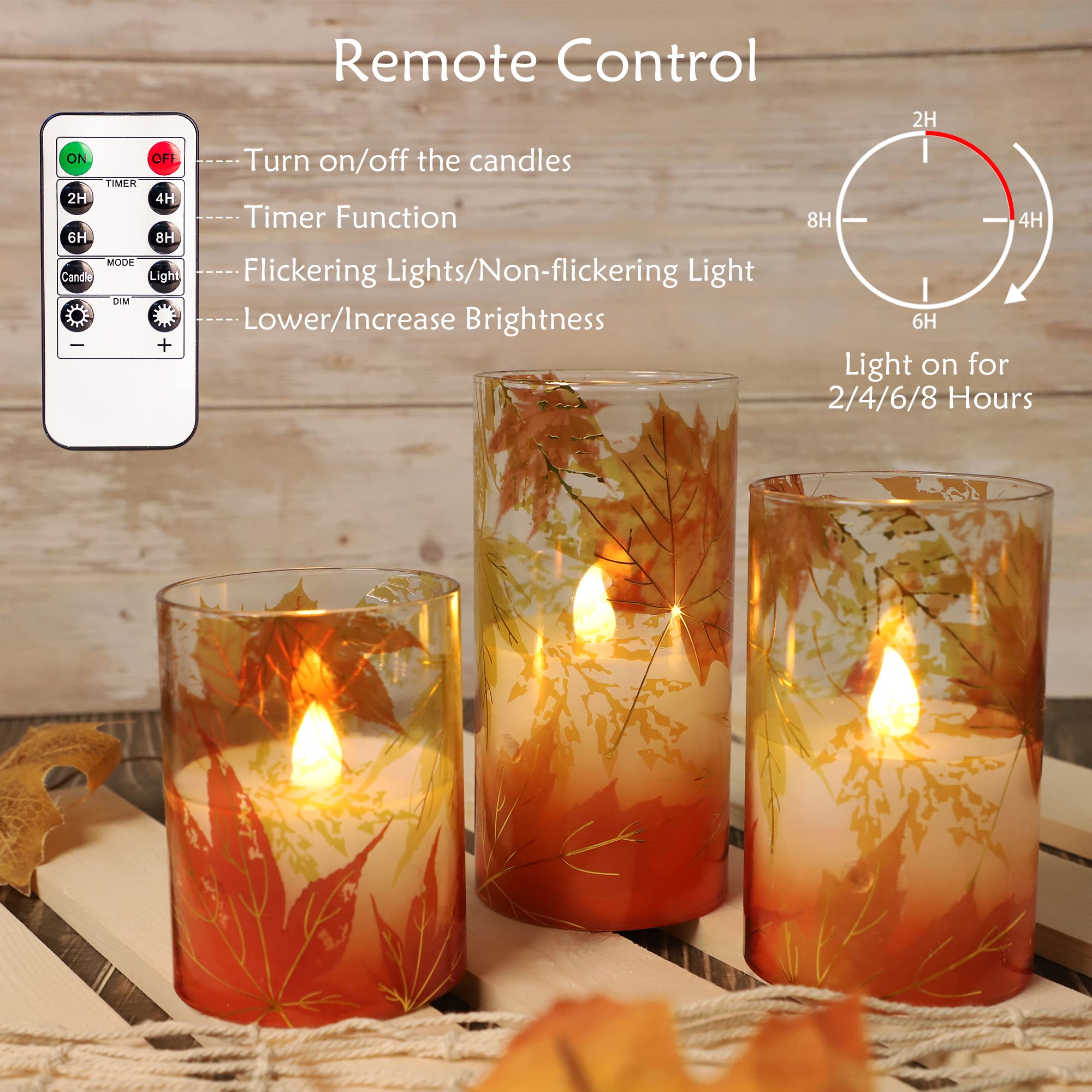 Realistic Flameless LED Candles with Remote & Timer - Battery Operated Thanksgiving Decor, Gold-Red Maple Leaf Wax Candles for Bedroom, Home, Table Centerpiece | Perfect for Holiday Gifts, Romantic Dinners & Cozy Ambiance