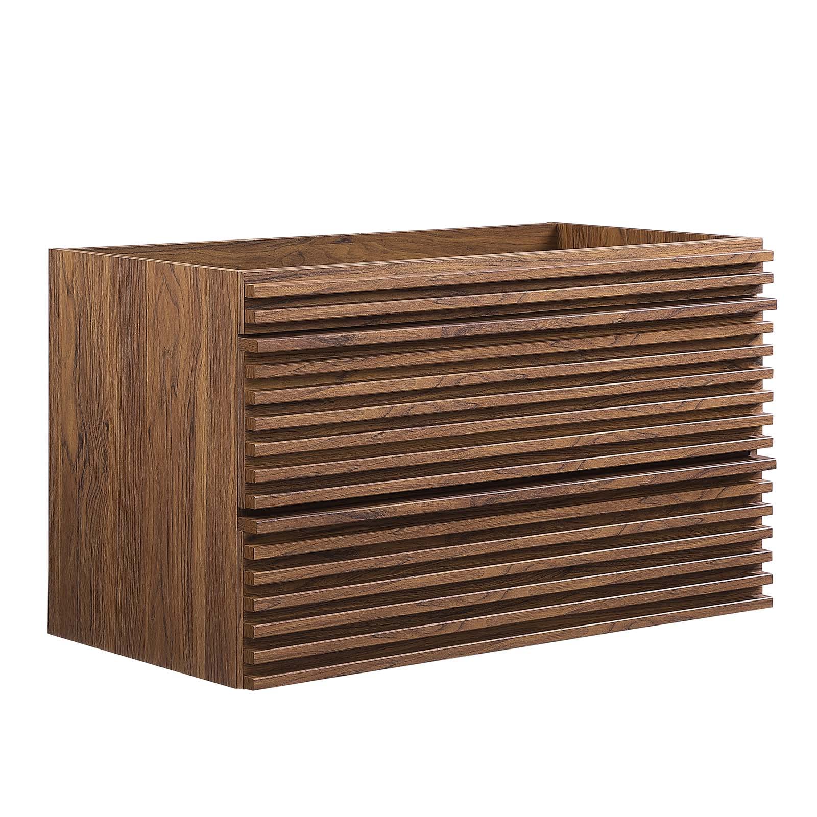 Modway Render 36 Inch Walnut Wall-Mounted Bathroom Vanity Cabinet with Mirror - No Sink Included | Modern Space-Saving Storage for Small Bathrooms & Powder Rooms