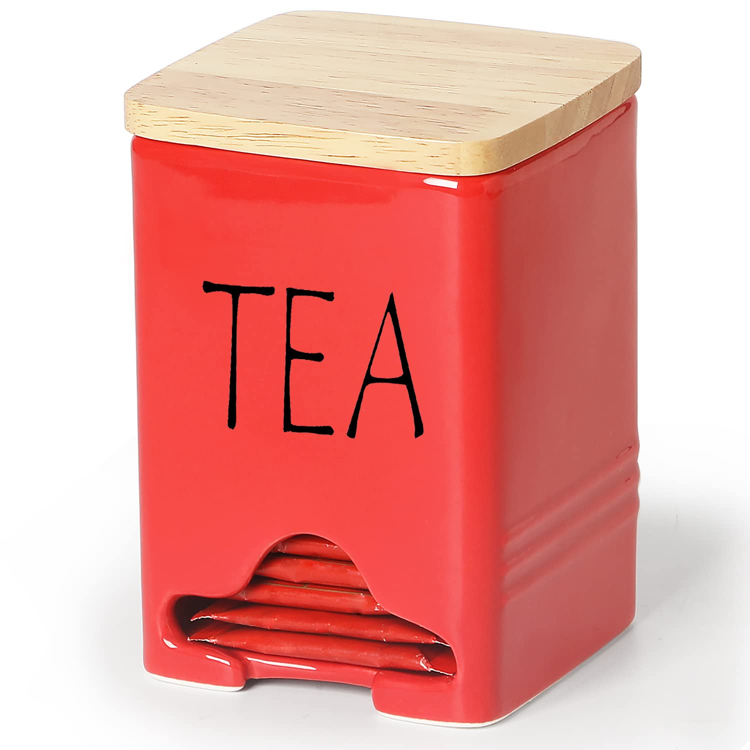Farmhouse Ceramic Tea Bag Storage Organizer with Lid - Red | Airtight Tea Bag Holder for Kitchen Countertop, Pantry & Office | Perfect for Loose Leaf Tea, Herbal Tea & Coffee Pods