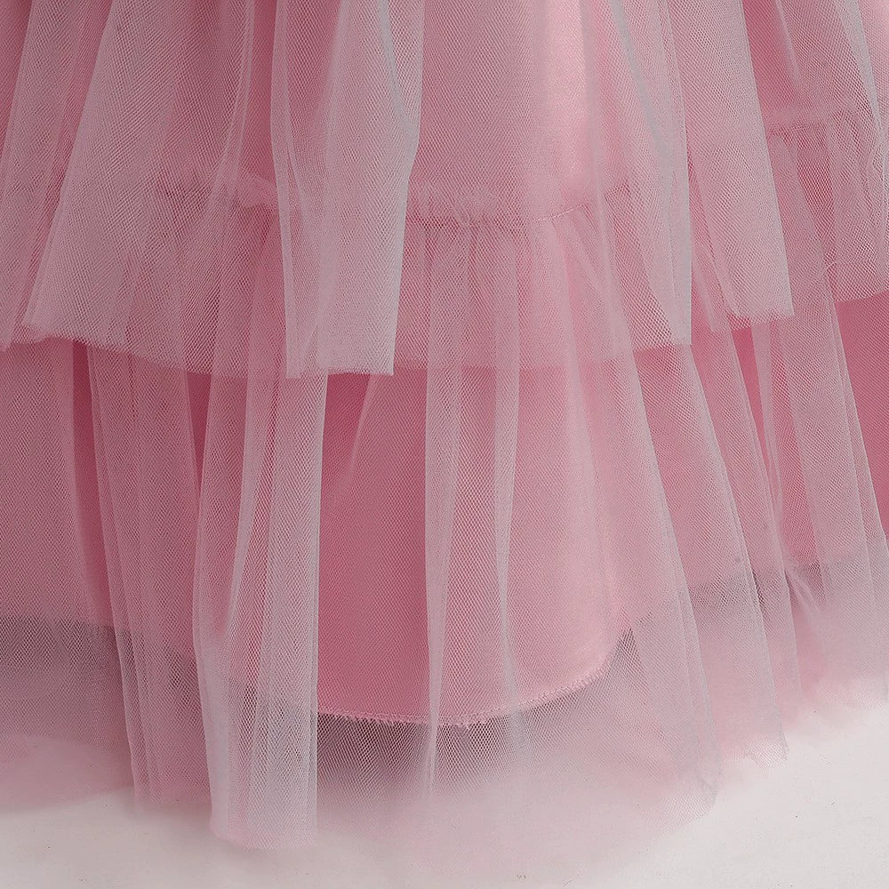 Pink Princess Round Floor Length Satin Flower Girl Dress for Weddings, Pageants & Special Occasions