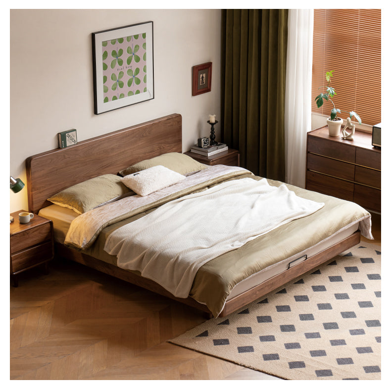 Solid Wood Floating Bed Frame - Black Walnut & Oak - Modern Platform Bed with Hidden Storage - Perfect for Small Bedrooms & Minimalist Home Decor