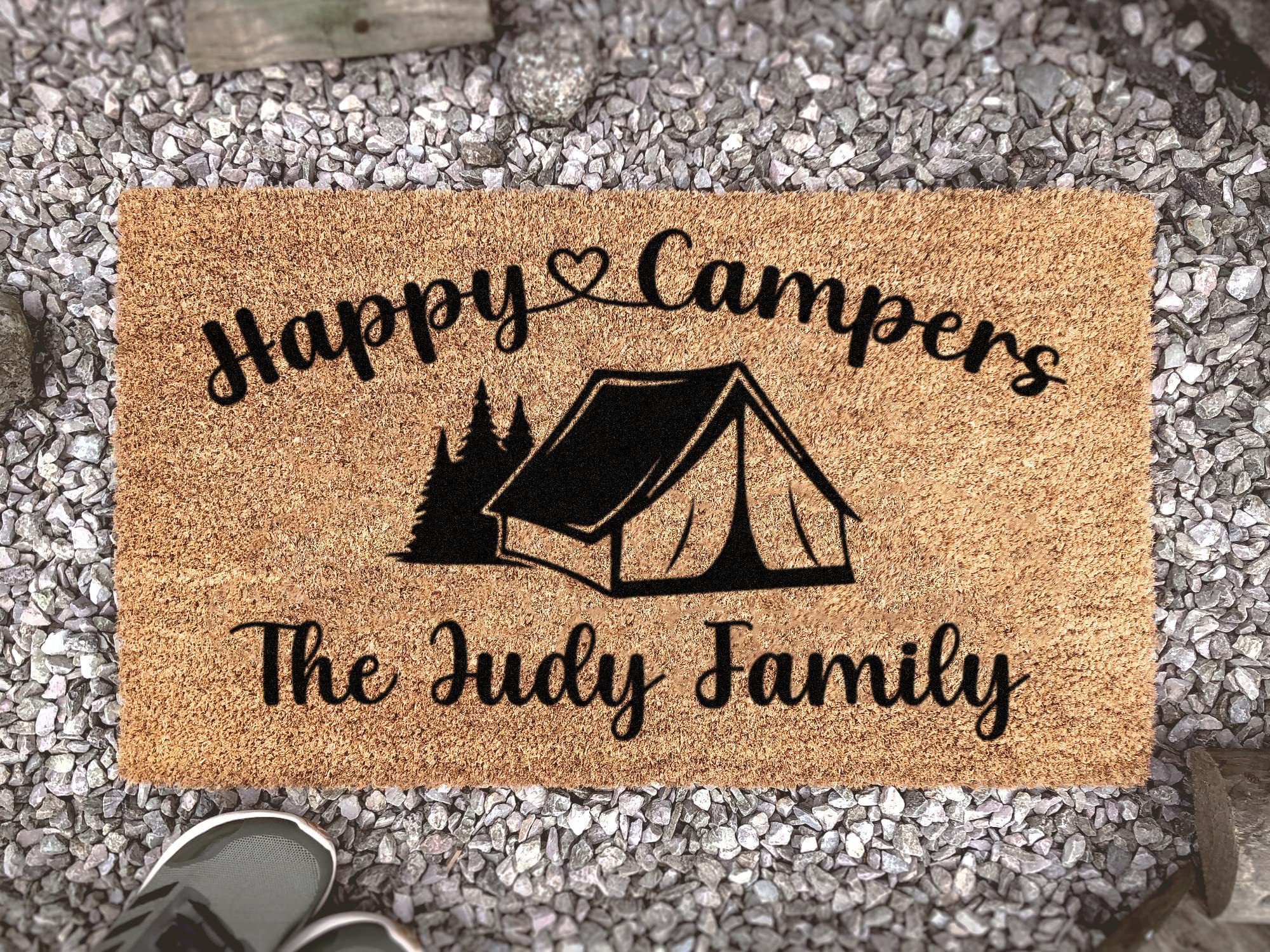 Happy Campers Non-Slip Door Mat - 18x30 Inch Waterproof Camping Rug for Tent, RV & Home - Personalized Family Name Mat for Bathroom, Kitchen & Entrance - Perfect for Outdoor Adventures & Cozy Indoor Decor