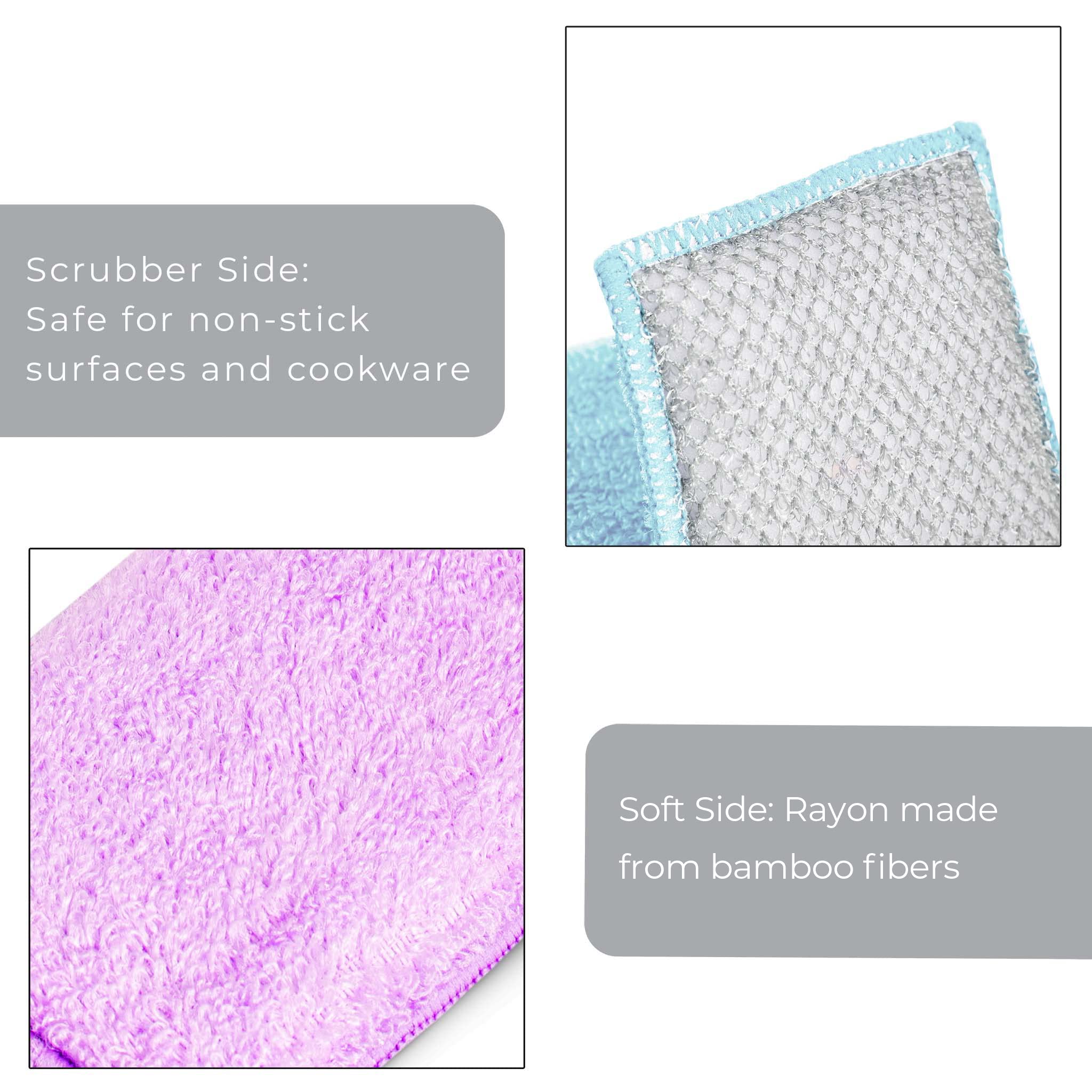 Bamboo Scrub Sponge Set of 3 - Soft & Non-Scratch for Dishes & Hard Stains - Pastel Colors for Kitchen Cleaning