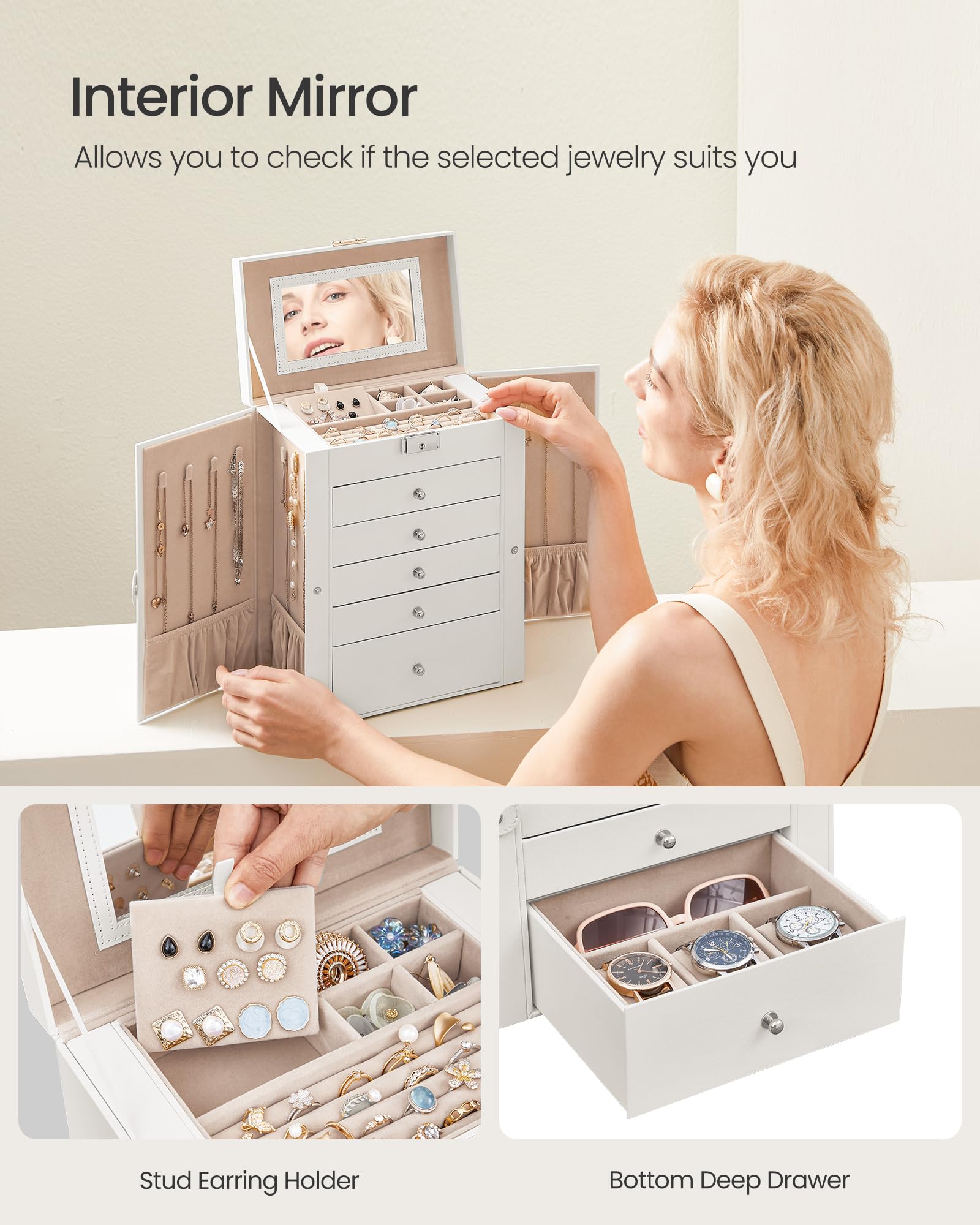 SONGMICS 6-Tier Jewelry Organizer Box with Mirror & Lock - 5 Drawer Large Capacity Watch & Jewelry Storage Case, Perfect Gift for Women - Ideal for Bedroom Vanity, Travel & Wedding Jewelry Organization (White UJBC152W01)