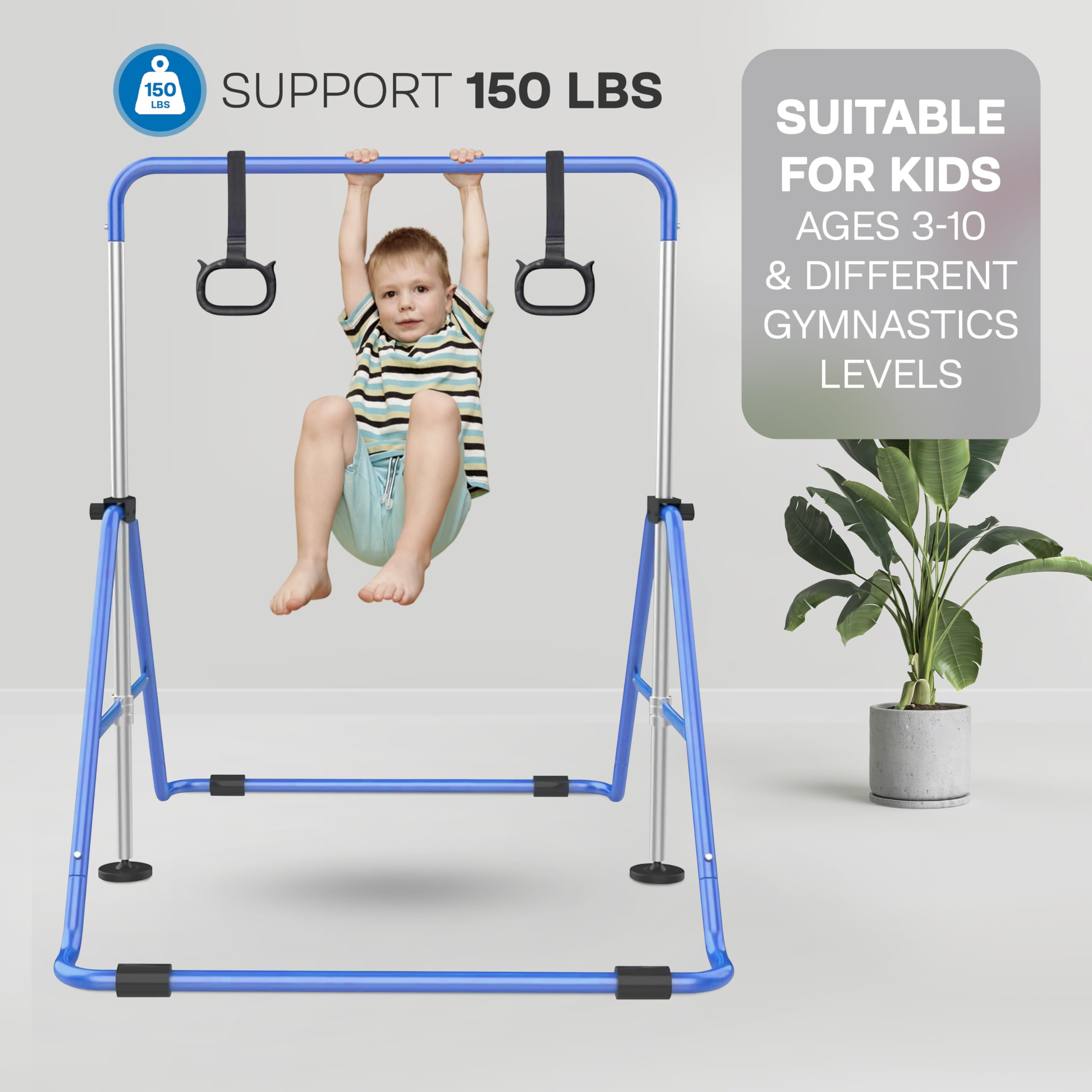 Premium Adjustable Gymnastics Bar for Kids Ages 6-14 | Heavy-Duty Steel Construction with Crystal Stone Finish | Foldable Home & Outdoor Horizontal Bar with Rings | Perfect for Backyard Training, Playground & Indoor Exercise