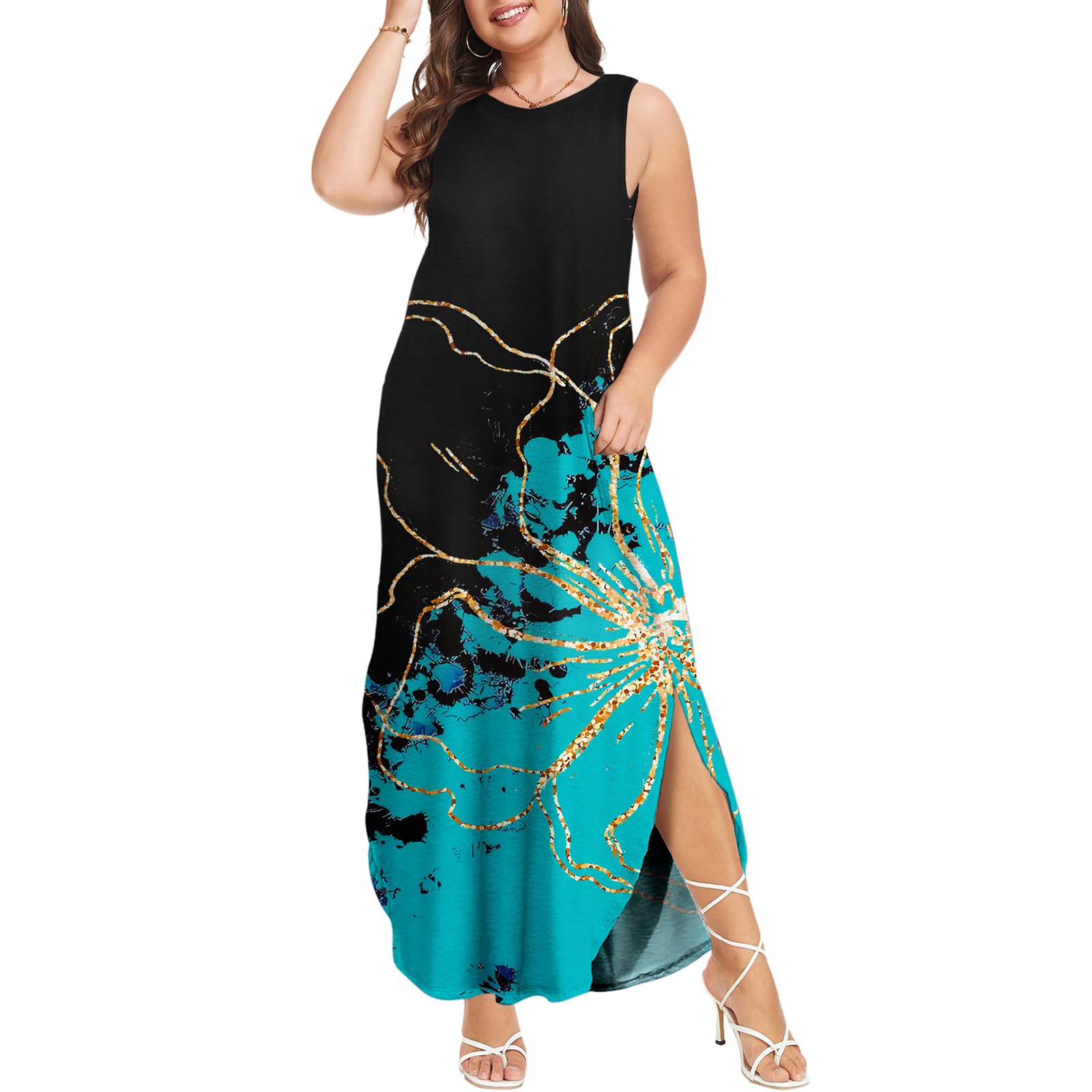 Wolddress Women's 2025 Plus Size Sleeveless Tank Dress - Casual Loose Flowy Sundress with Side Slits & Pockets - Summer Beach Maxi Dress for Vacation, Pool Party & Outdoor Activities
