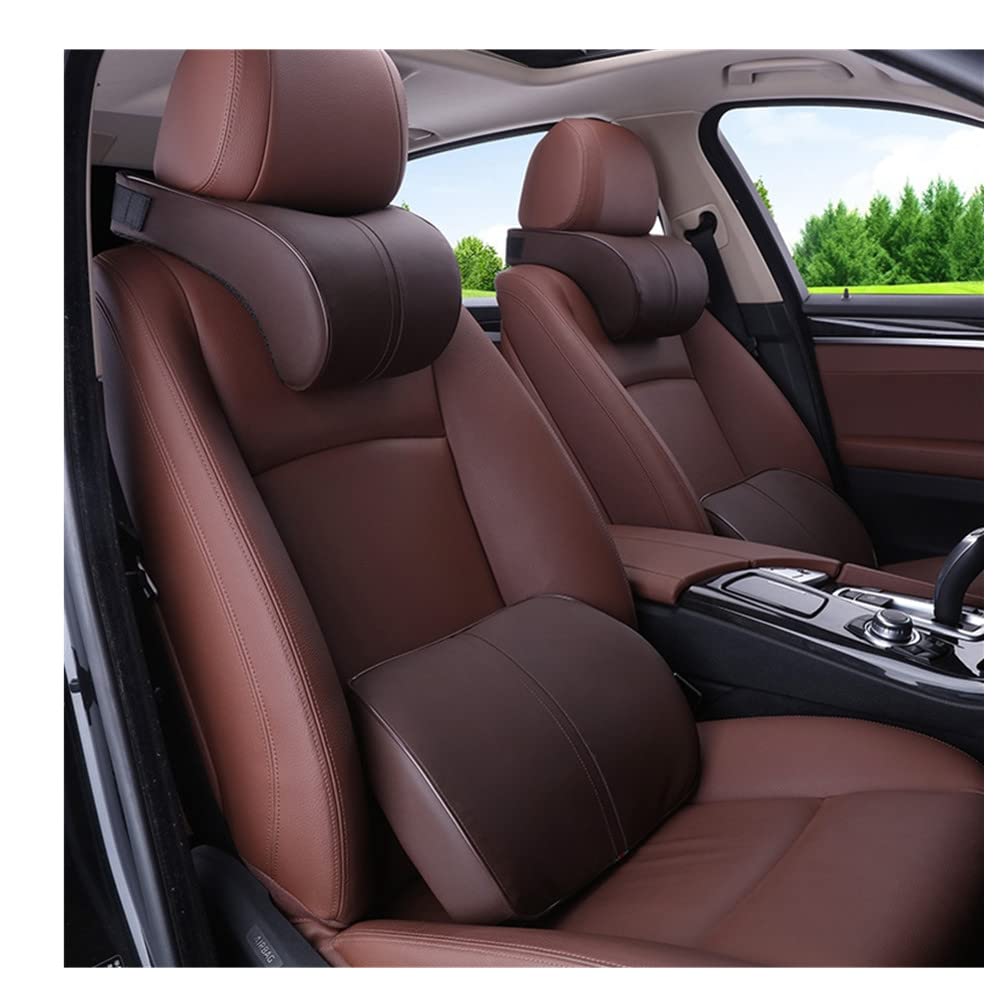 Ergonomic Car Seat Lumbar Support Pillow & Neck Pillow Set - Soft Leather Surface with High-Density Memory Foam for Comfort & Pain Relief - Perfect for Long Drives, Road Trips & Commuting (Brown)