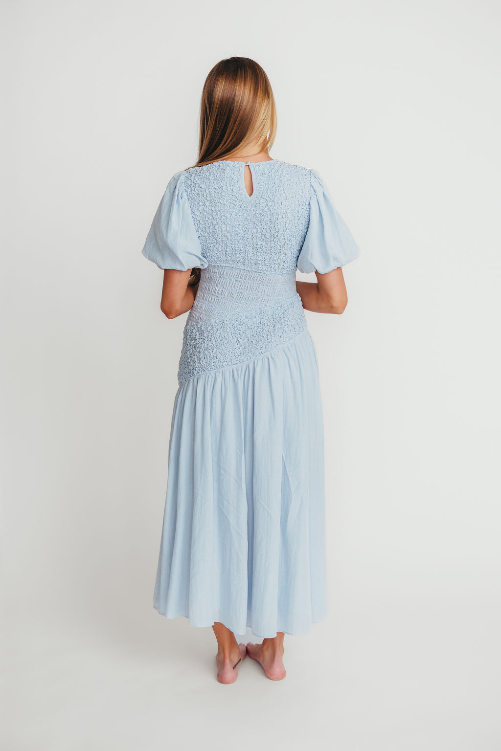 Theoni Women's Blue Asymmetrical Smocked Dress - Flowy Summer Midi Dress for Beach, Wedding & Casual Outings