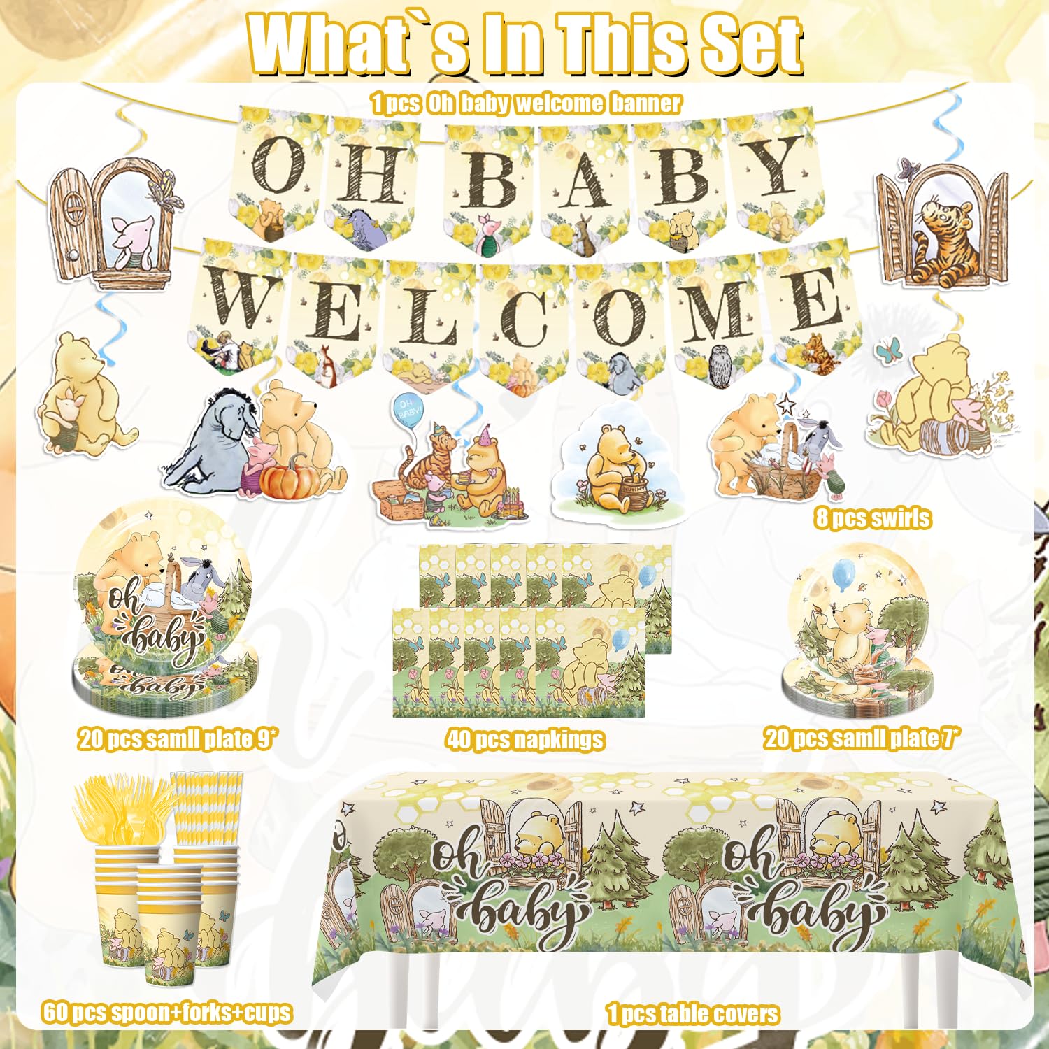 150pcs Classic Pooh Baby Shower Decorations Set - Bear-Themed Plates, Napkins & Banner for Boys & Girls - Perfect for Newborn Celebrations, Baby Showers & Nursery Decor