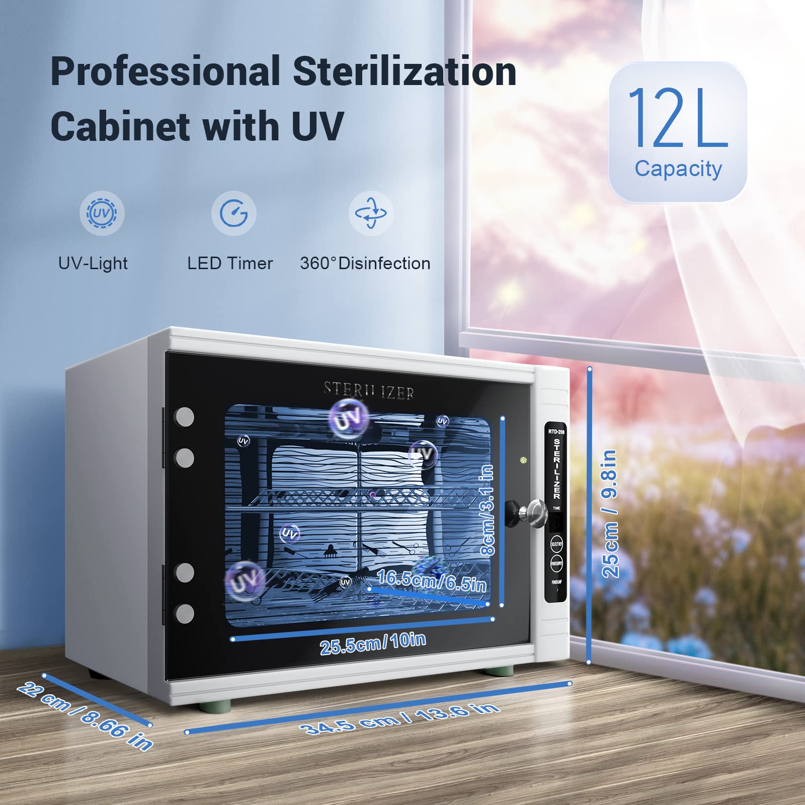 UV Sanitizing Cabinet (12L) Large Capacity - Metal Chemical-Free UVC Cleaner Box with Timer (5-60 Min) for Salon Tools, Manicure Supplies, Baby Bottles, Phones, Cutlery | Sterilizer for Home, Salon, Nursery & Office Use