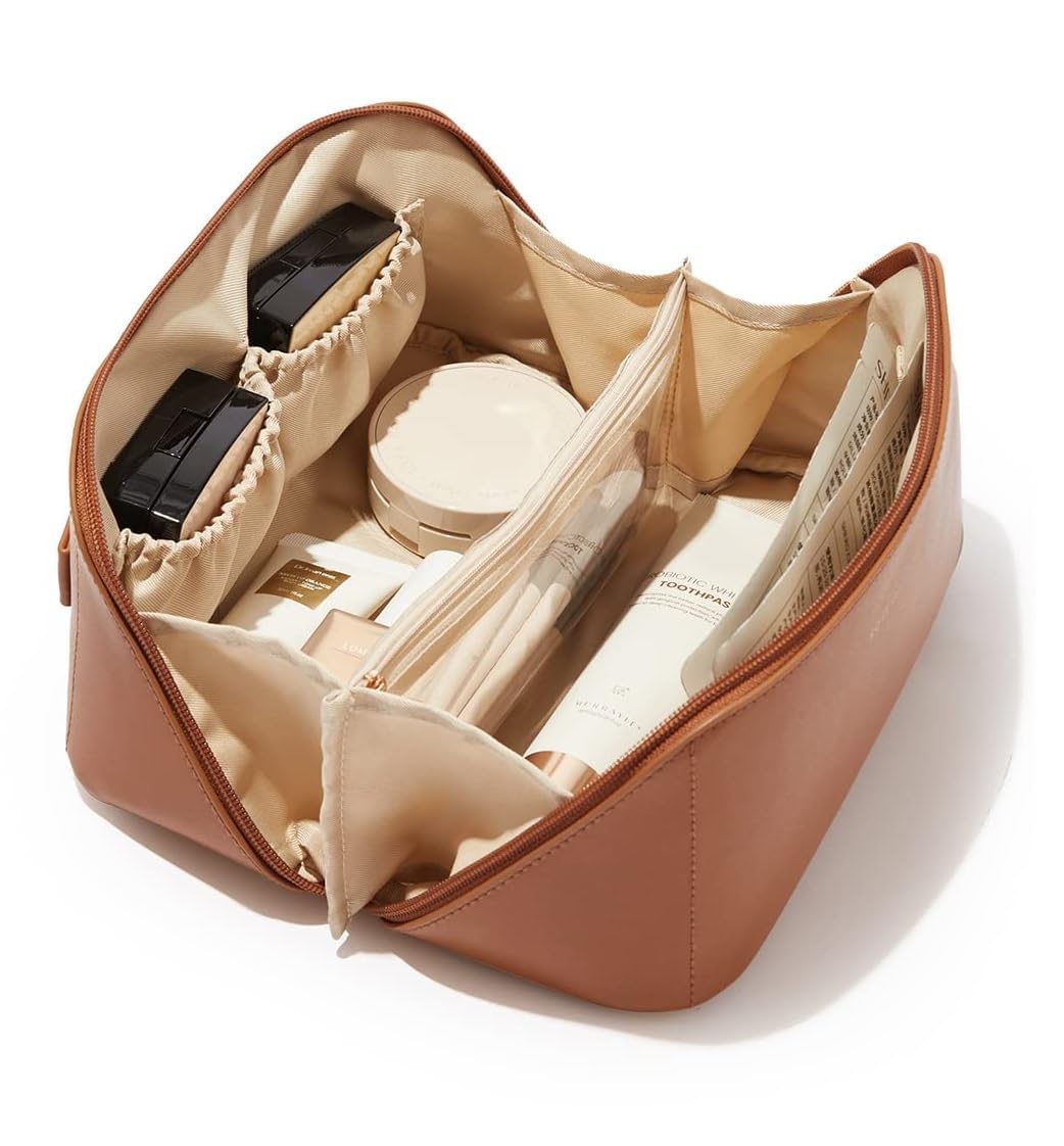 Qolixs Large Waterproof Travel Makeup Bag for Women - Spacious Cosmetic Organizer with Dividers & Handle, Portable Flat Open Toiletry Pouch (Brown) - Perfect for Air Travel, Gym, Beach Trips & Daily Essentials Storage