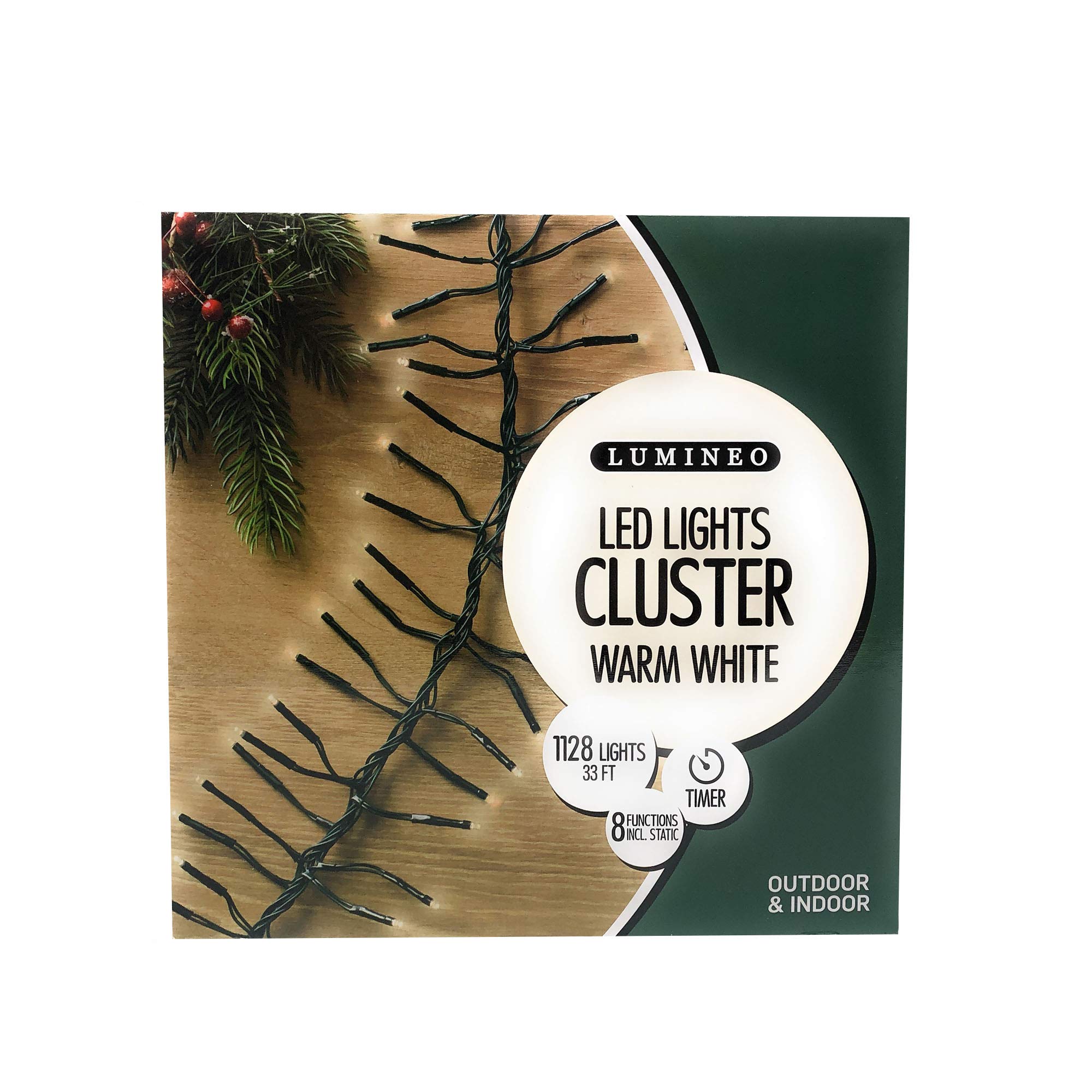1128 LED Warm White Christmas Cluster Lights Set - 33 Ft Green Wire for Indoor/Outdoor Holiday Decorations, Tree, Window, and Party Lighting