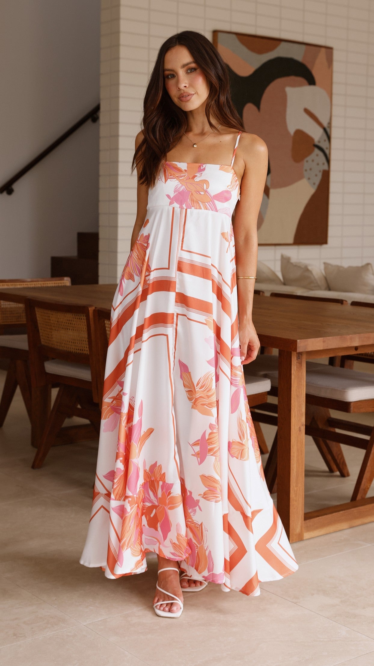 Kaethe Maxi Dress - Flowy Orange & White Summer Dress for Women | Beach Vacation, Date Night, Casual Outfit