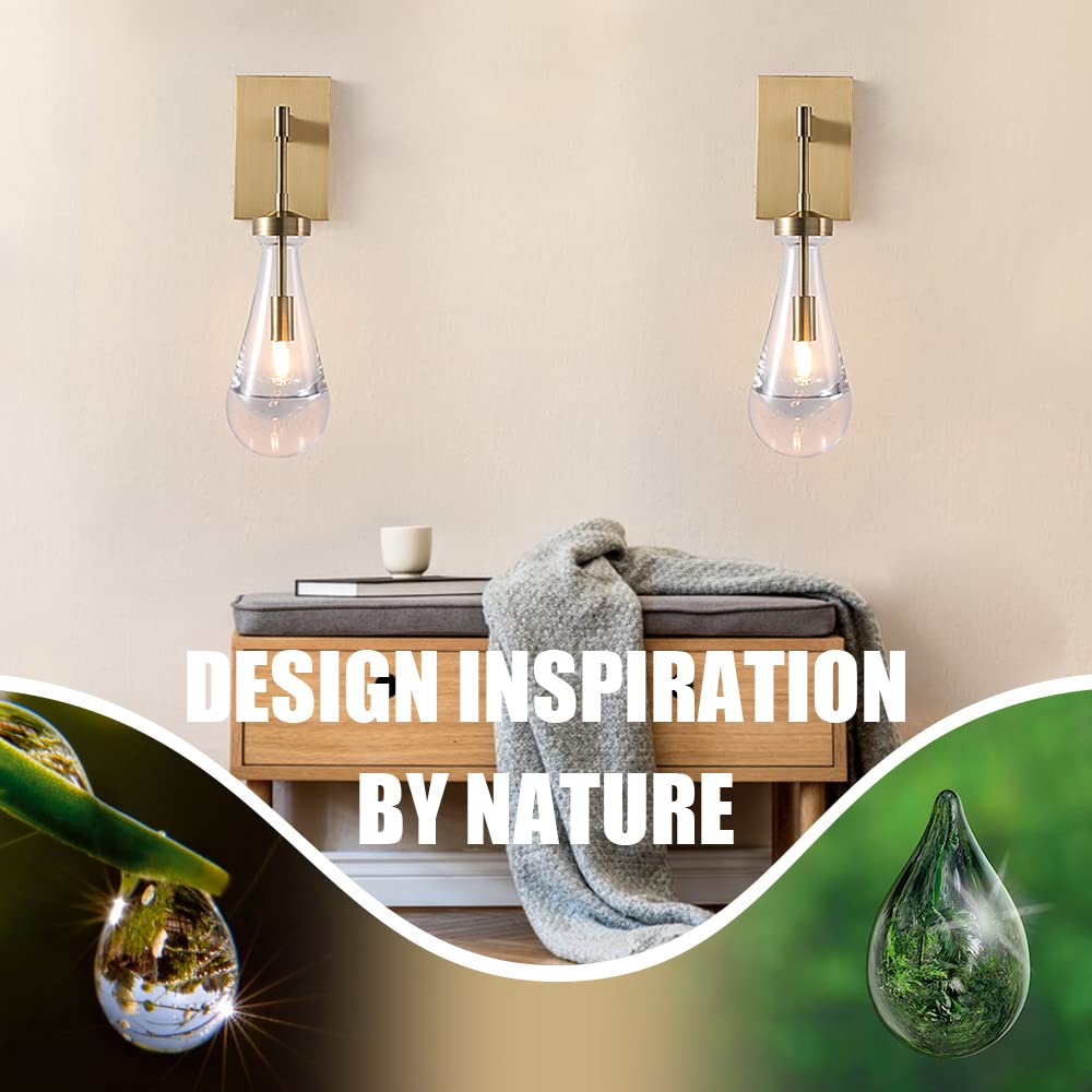 Set of 2 Brass Raindrop Wall Sconces - Hand Blown Solid Glass Wall Lighting Fixtures with Bulbs Included | Indoor Kitchen Decor Lamps for Bedroom, Living Room & Vanity | Perfect for Ambient Lighting & Home Decoration