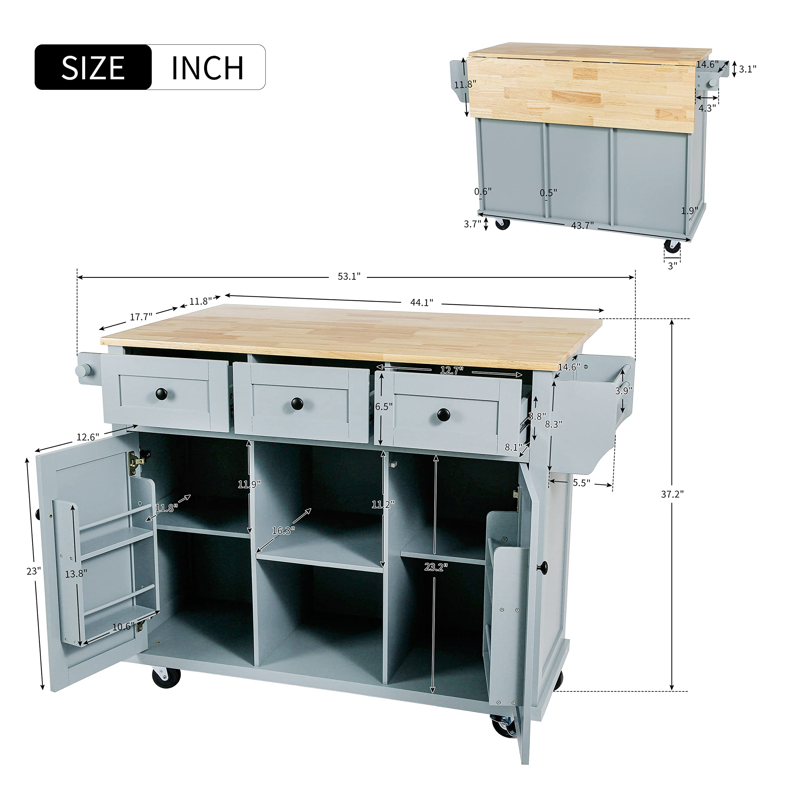 Multi-Functional Kitchen Island Cart with Drop-Leaf Cabinet, 5-Wheel Mobile Base, 3 Storage Drawers & Internal Rack - 53.1
