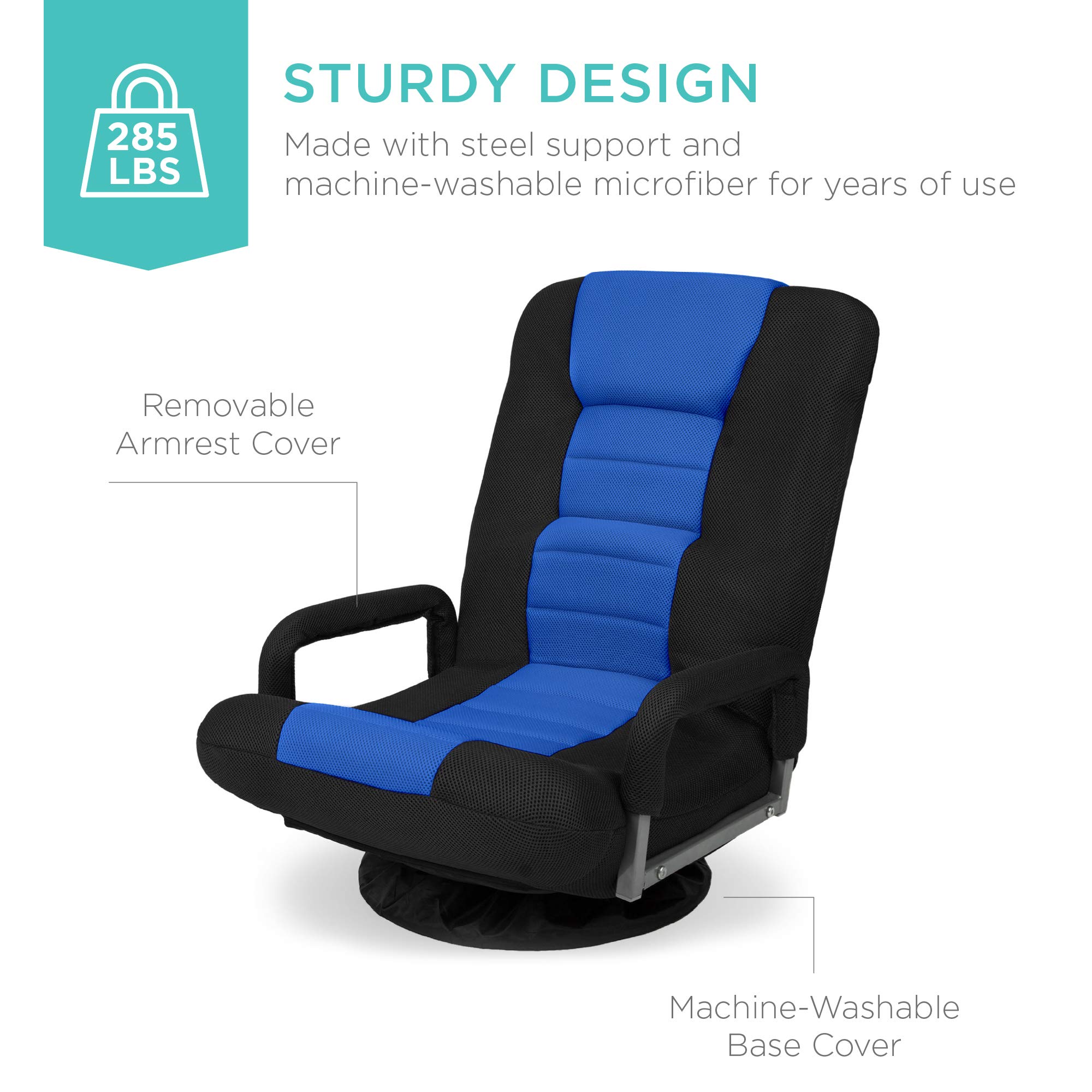 Best Choice Products 360 Degree Swivel Gaming Chair with Lumbar Support - Adjustable Foldable Backrest & Armrest Handles - Multipurpose Floor Rocker for TV Watching, Video Gaming, Reading - Black/Blue - Perfect for Home Office, Game Room & Relaxation