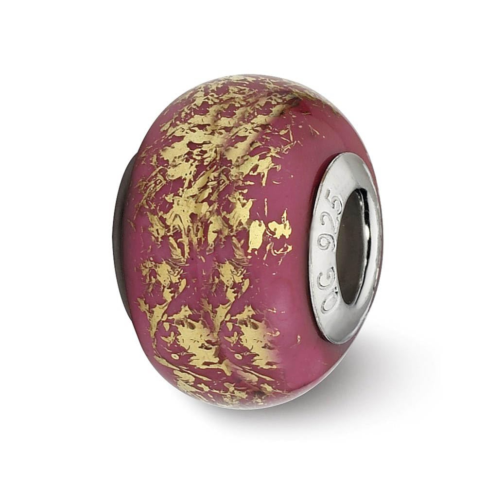 The Black Bow Dark Pink w/Gold Foil Ceramic & Sterling Silver Bead Charm, 14mm - Perfect for Jewelry Making, Bracelets, and Necklace Accents