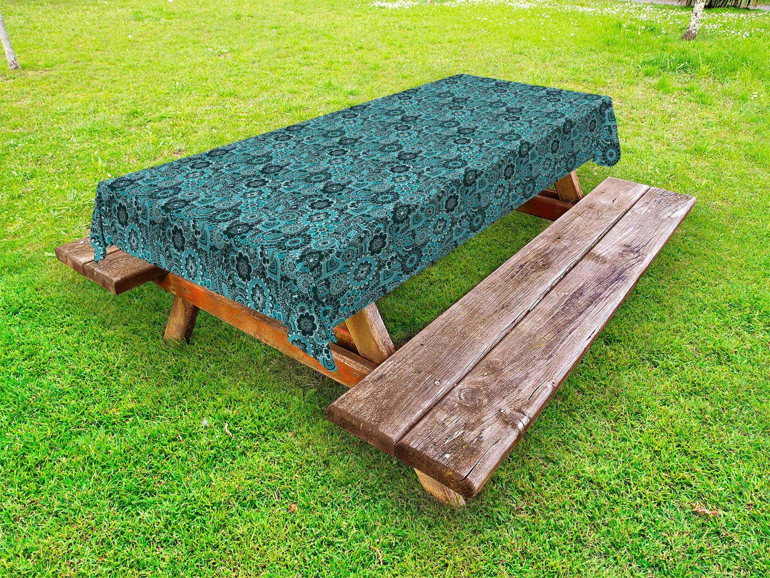 Ambesonne Floral Outdoor Tablecloth - Classic Swirling Ornament with Curlicue Motifs & Flower Print, Washable Picnic Table Cover 58x120 Inches, Sea Green - Perfect for Garden Parties, BBQs, and Outdoor Dining