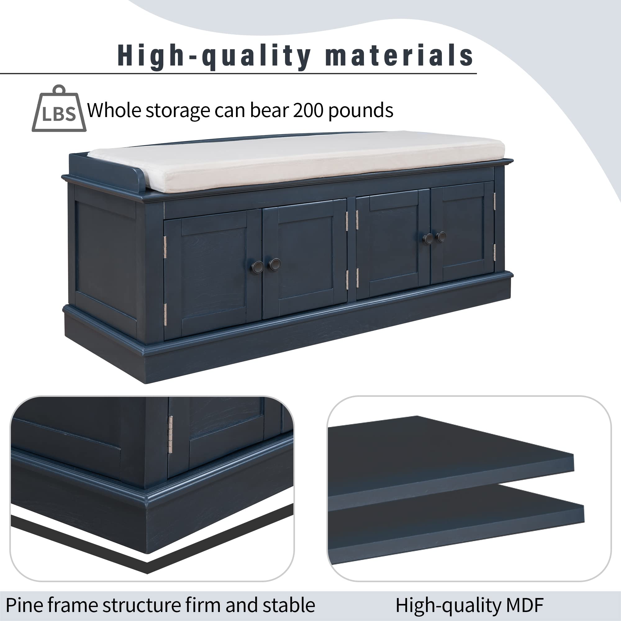 Merax 4-Door Storage Bench with Adjustable Shelves & Removable Cushion - Entryway Shoe Bench for Living Room, Hallway, Bedroom - Antique Navy Home Organization Furniture for Shoes, Blankets & Seasonal Items