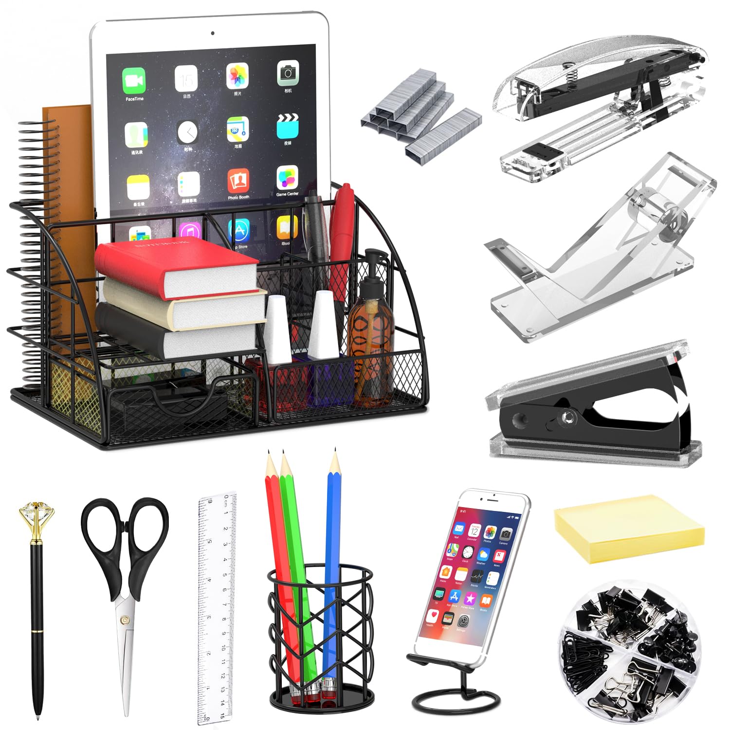 Rose Gold 13-Piece Office Desk Organizer Set - Acrylic Stapler, Staple Remover, Paper Clips, Scissors, Phone Stand, Pens & Pen Holder, Tape Dispenser | Perfect for Home Office, Workstation & School Desk Organization
