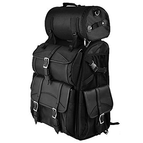 Waterproof Black Motorcycle Sissy Bar Bag with Multiple Storage Compartments & Adjustable Mounting Rig - Removable Rain Cover for Harley, Cruiser, Touring Bikes - Perfect for Road Trips, Commuting & Adventure Riding