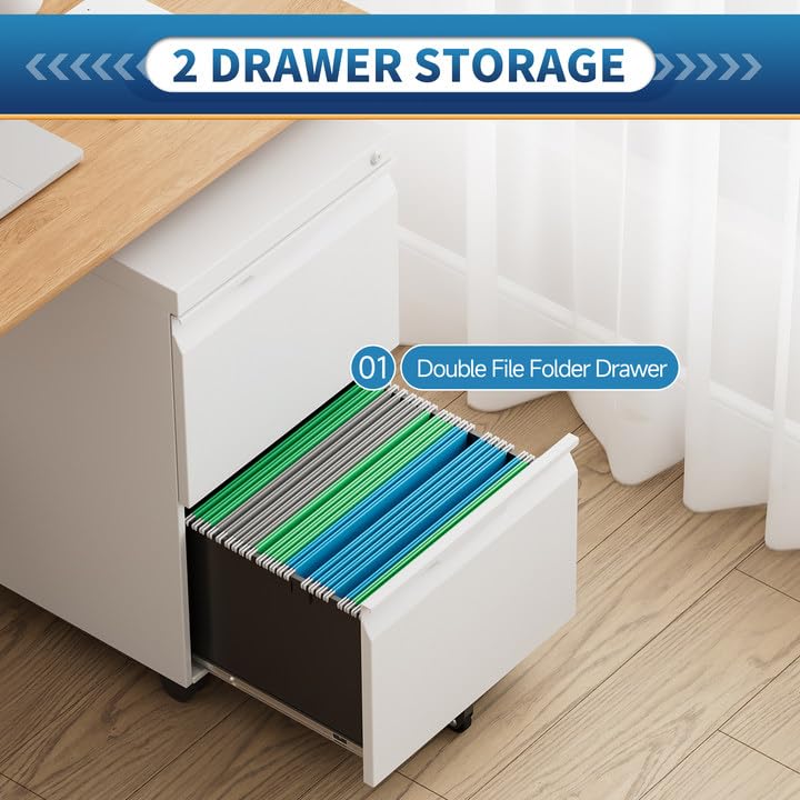 2-Drawer Locking File Cabinet with Wheels - Mobile Storage for Legal, Letter & A4 Files - Home Office Organization Under Desk - White - Perfect for Small Spaces & Document Security
