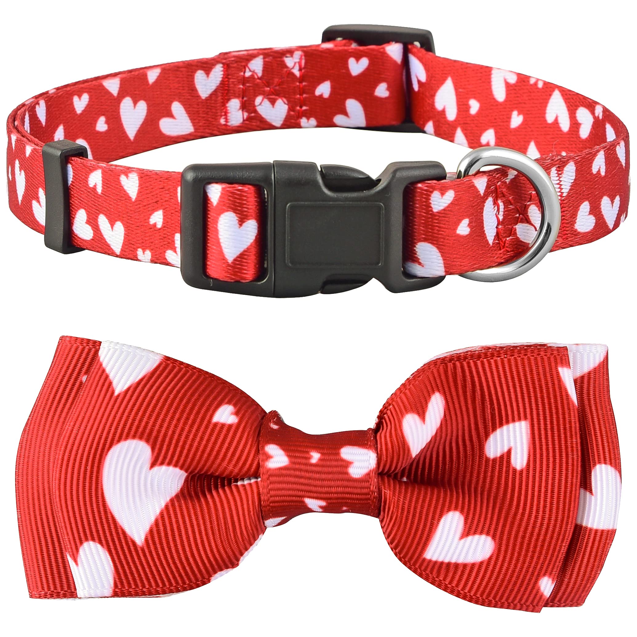 Valentine's Day Dog Collar with Adjustable Bow Tie - Cute Heart Pattern Pet Collar for Small, Medium & Large Dogs (White Hearts, Large) - Perfect for Valentine's Gifts, Pet Parties & Photo Shoots