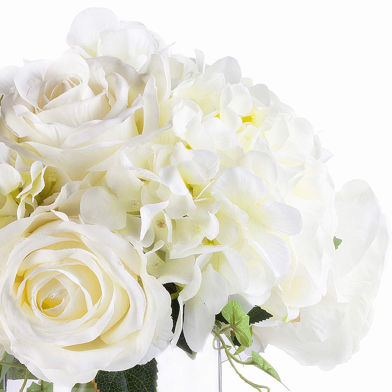 ENOVA HOME Cream Mixed Rose & Hydrangea Silk Flower Arrangement in Glass Vase with Faux Water - Elegant Wedding Centerpiece & Home Decor for Dining Table, Living Room, Office