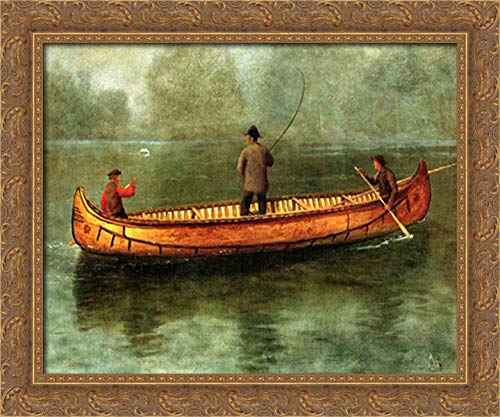Albert Bierstadt Gold Ornate Wood Framed Canvas Art - 24x20 Inches Fishing from a Canoe Landscape Painting - Perfect for Living Room, Office, or Cabin Decor