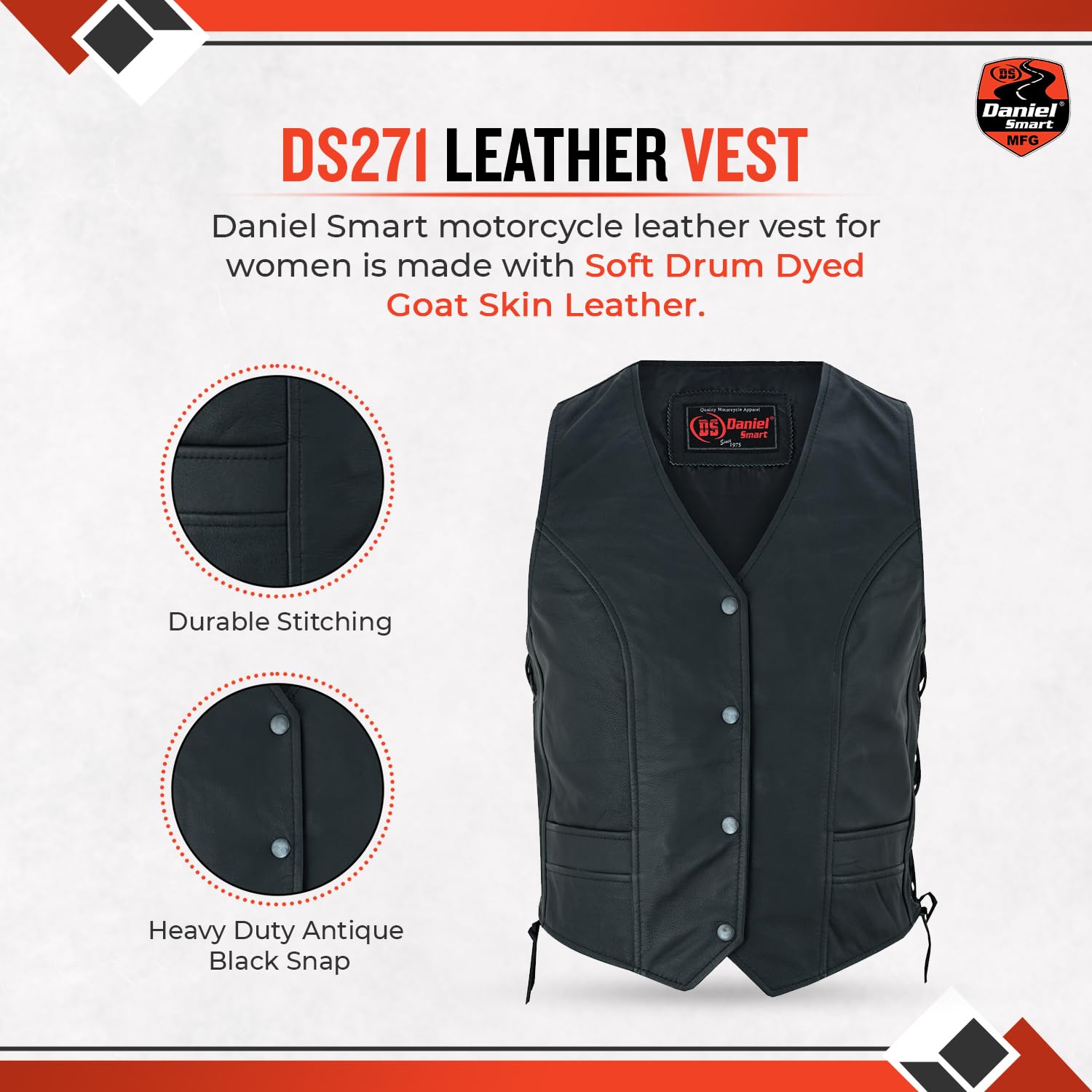 Daniel Smart Women's Black Leather Biker Vest with Stylish Side Laces & Concealment Armory Pocket - Perfect for Motorcycle Riding, Outdoor Adventures & Fashion Streetwear