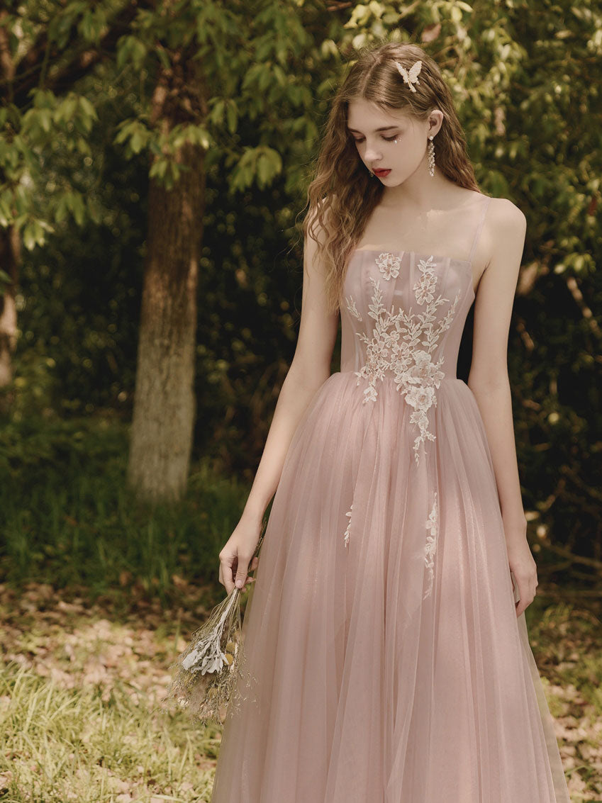 Elegant Pink Tulle Lace Tea-Length Prom Dress | Vintage Lace Evening Gown for Homecoming, Wedding Guest & Special Occasions