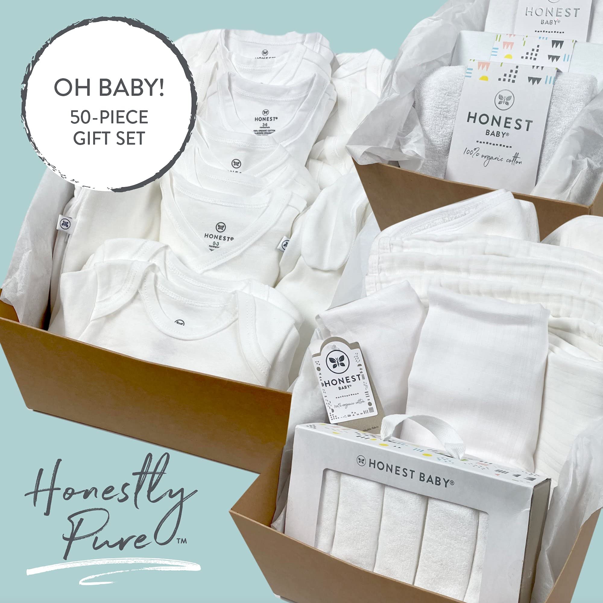 HonestBaby 50-Piece Organic Cotton Newborn Essentials Gift Set - 100% Soft Baby Clothes for Boys, Girls & Unisex Infants | Perfect Baby Shower Gift & First Outfit